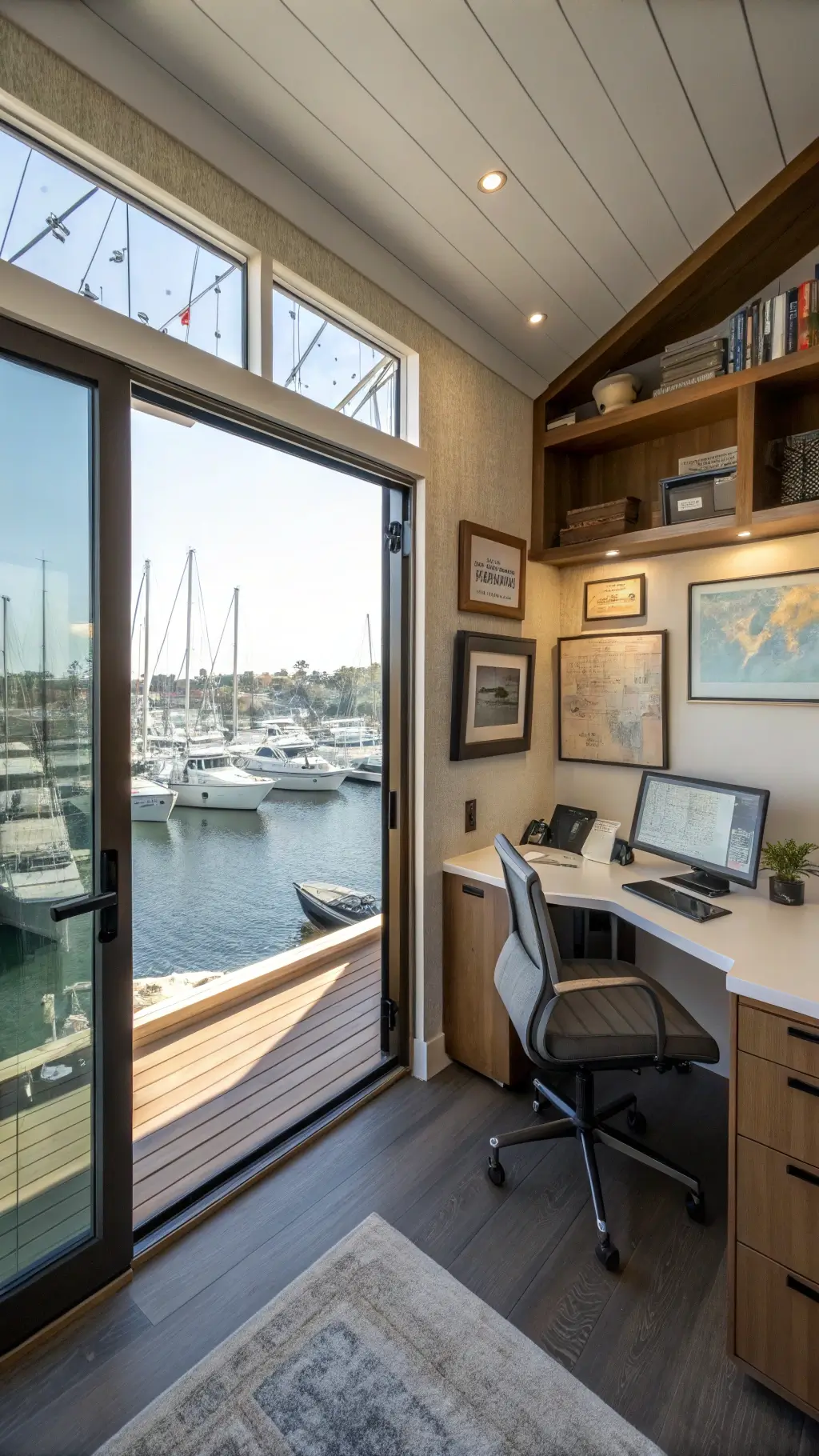 Modern home office with wrap-around windows displaying San Diego Harbor, floating desk, ergonomic chair, nautical maps, ship models, and maritime-inspired artwork