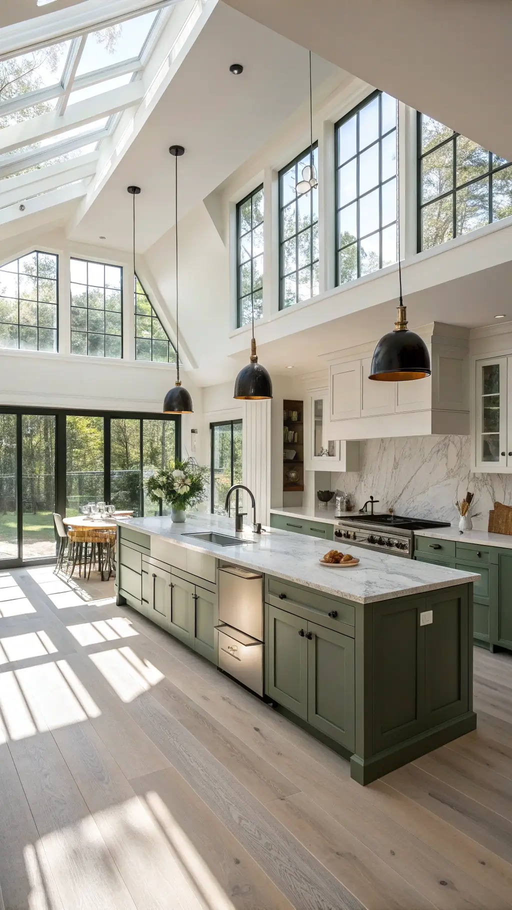 California Kitchen Living: Your Ultimate Guide to Sun-Drenched, Effortless Home Design 3 Sunlit open-concept kitchen with floor-to-ceiling windows, white oak flooring, marble island, sage-green cabinets, brass hardware, Persian rug, integrated dining area and soft focus foreground textures during golden hour.