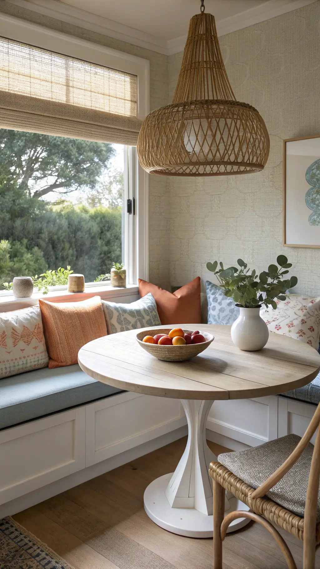 California Kitchen Living: Your Ultimate Guide to Sun-Drenched, Effortless Home Design 4 Intimate breakfast nook with built-in banquette, round oak table, ceramic bowl of figs, vintage cushions, potted olive tree, and herb-filled terra cotta pots, bathed in late afternoon light.