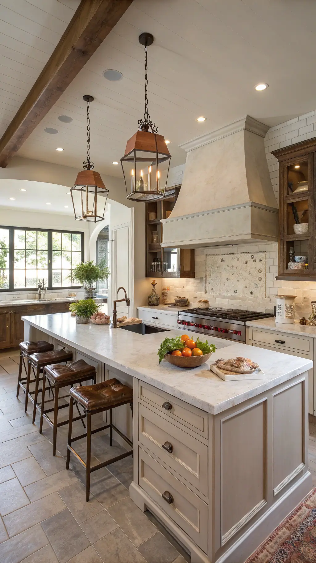 California Kitchen Living: Your Ultimate Guide to Sun-Drenched, Effortless Home Design 5 Chef's kitchen featuring professional-grade range, custom plaster hood, floating oak shelves displaying pottery, copper cookware, a Zellige tile backsplash, and a center island with walnut cutting board, viewed from the dining area.