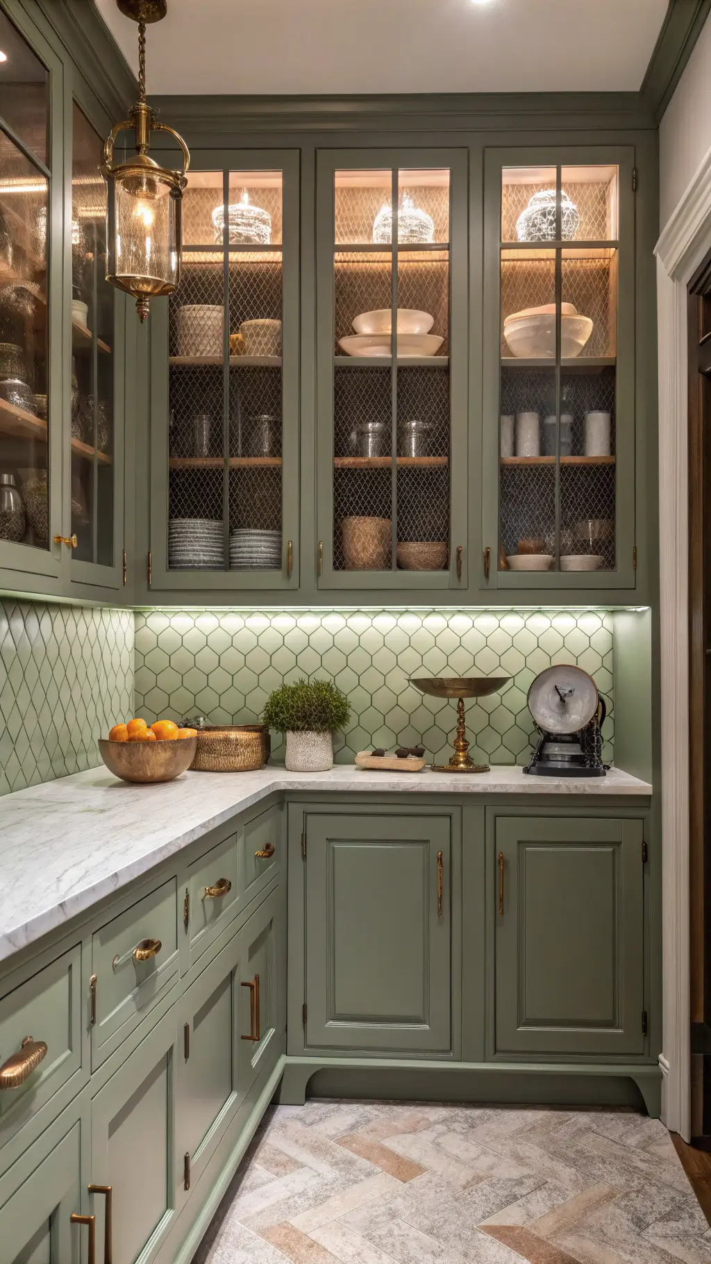 California Kitchen Living: Your Ultimate Guide to Sun-Drenched, Effortless Home Design 7 Butler's pantry with sage green cabinets, open shelving displaying earthenware, marble countertop with vintage scale, glass canisters, and brass library sconce over geometric cement tile flooring.