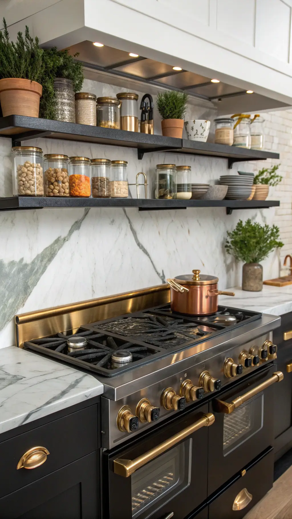 California Kitchen Living: Your Ultimate Guide to Sun-Drenched, Effortless Home Design 9 45° angle shot of a detailed kitchen workspace featuring 8ft marble backsplash with an integrated shelf, matte black professional gas range with brass details, floating oak shelves, under-cabinet lighting, and potted herbs. Cooking essentials made of clear glass, copper, and ceramic arranged neatly.
