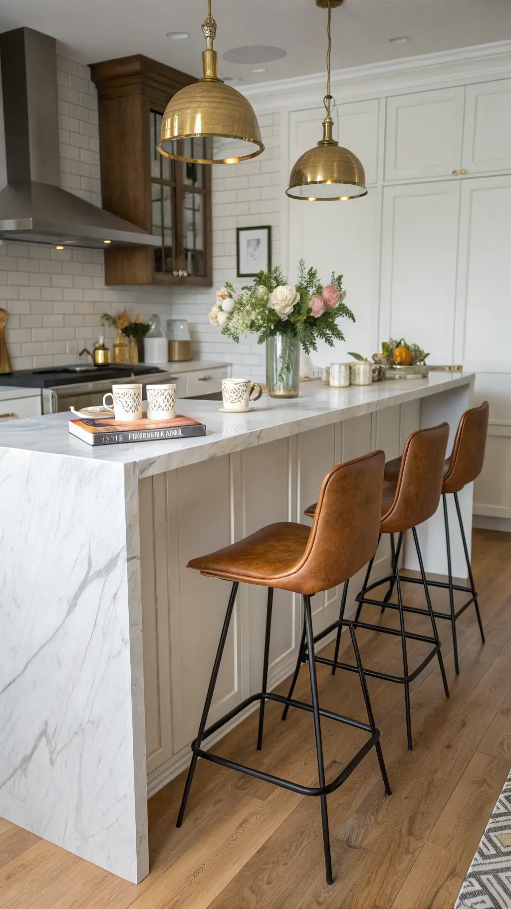 California Kitchen Living: Your Ultimate Guide to Sun-Drenched, Effortless Home Design 10 Seated view of a 6ft marble breakfast bar with vintage stools, pendant lights, decorative tile boundary, and morning side lighting; styled with ceramic mugs, fresh flowers, and cookbooks.