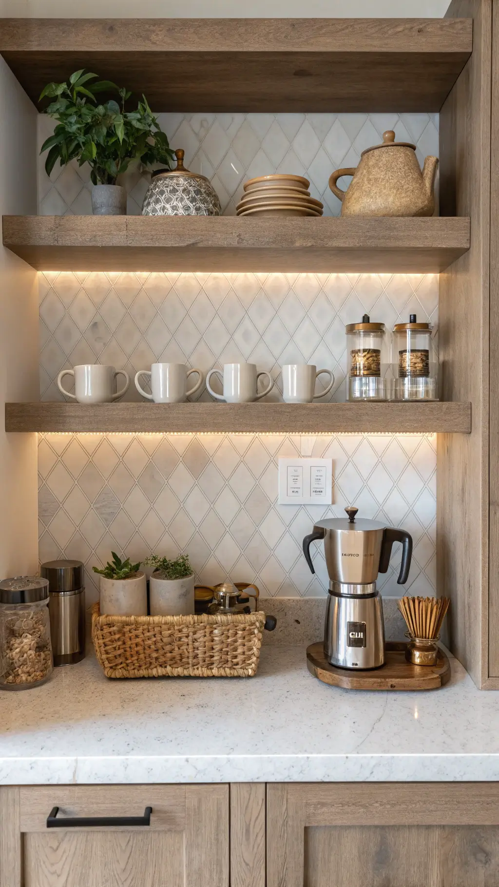 California Kitchen Living: Your Ultimate Guide to Sun-Drenched, Effortless Home Design 11 Coffee station with floating oak shelves showcasing artisan mugs, brass coffee maker, grinder on marble counter, woven basket of coffee essentials, handmade tile backsplash, under-shelf lighting, and directional lighting highlighting textures.
