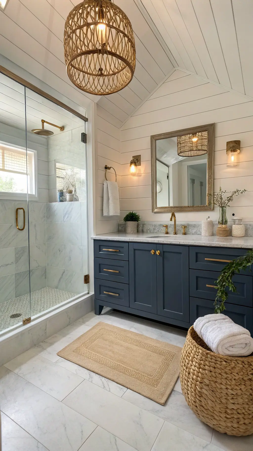 Small Bathroom Design: Transforming Tiny Spaces into Stylish Sanctuaries 4 Intimate coastal chic bathroom with marble-look porcelain tiles, navy blue vanity, rattan pendant light reflecting warm light on white shiplap walls and layered textures including Turkish cotton towels, ceramic accessories, and a natural jute rug during golden hour.
