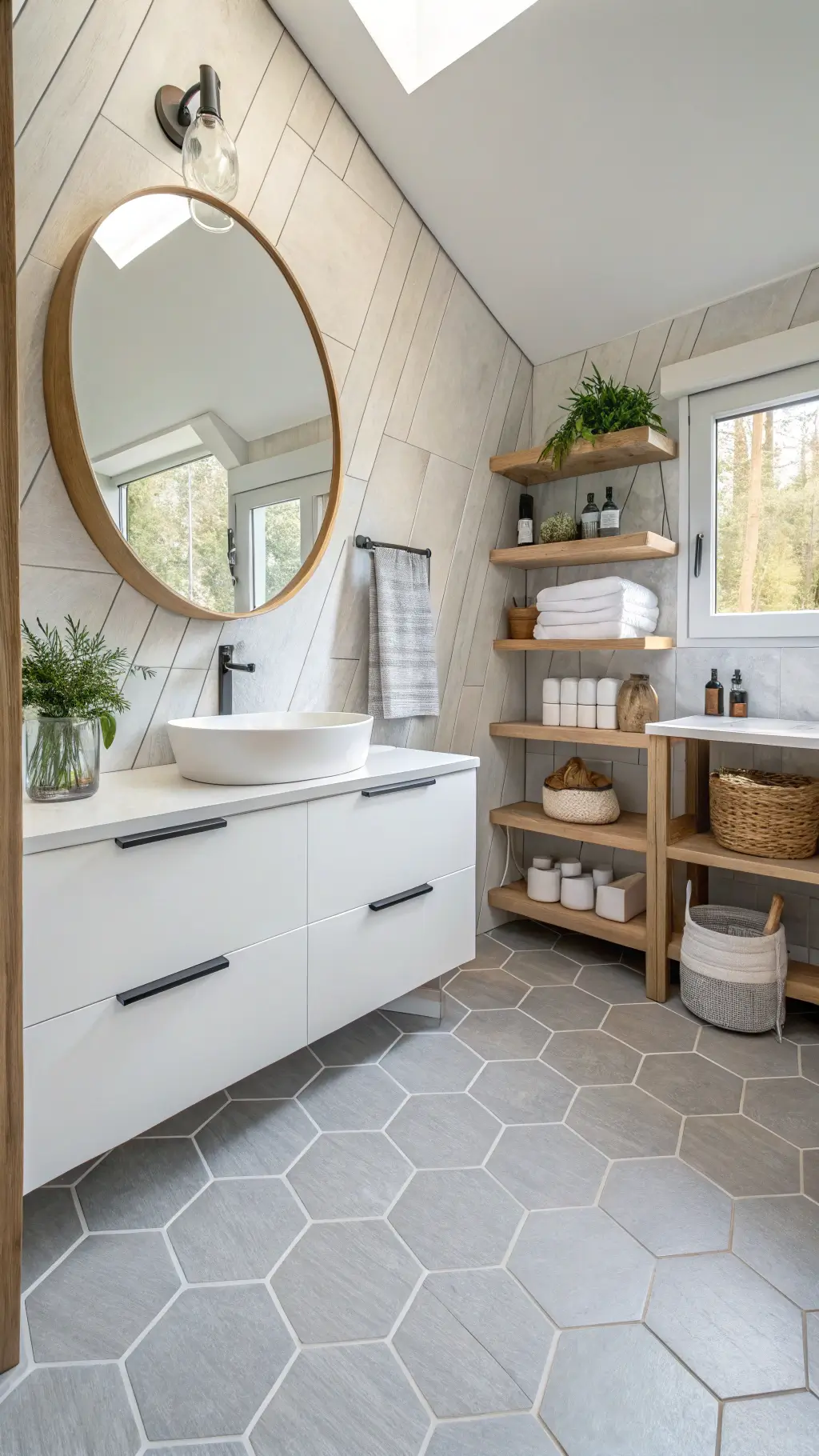 Small Bathroom Design: Transforming Tiny Spaces into Stylish Sanctuaries 5 Bright and spacious Scandinavian spa retreat with grey hexagonal floor tiles, floating white vanity, brass round mirror, white oak shelves with towels and earthenware, in a palette of white, warm-wood, and soft-beige under natural and concealed LED lighting.