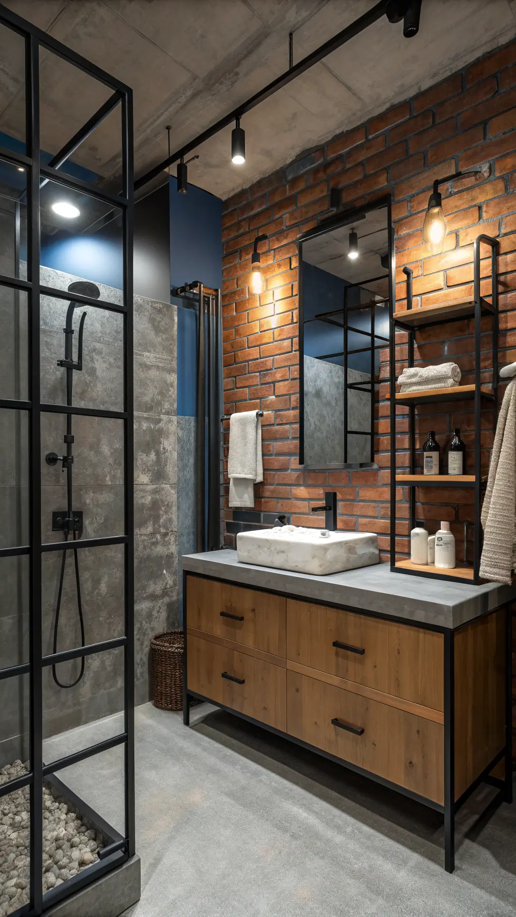 Small Bathroom Design: Transforming Tiny Spaces into Stylish Sanctuaries 6 Industrial style bathroom with brick wall, black steel-framed shower, concrete vanity top, wood cabinet base and matte black fixtures during blue hour