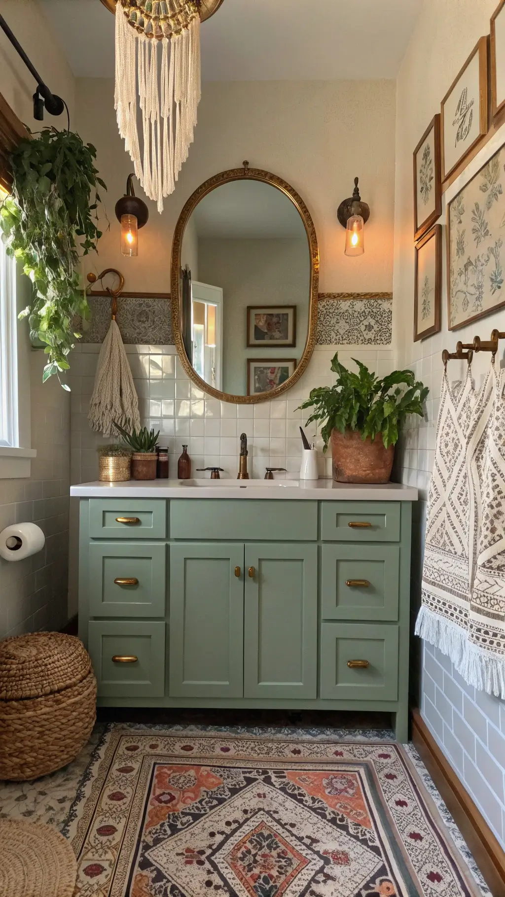 Small Bathroom Design: Transforming Tiny Spaces into Stylish Sanctuaries 7 Vintage brass mirror above a sage green vanity in a bohemian eclectic 5x6ft space with cream zellige tiles, macramé plant hanger, woven baskets, botanical prints, and warm copper fixtures, photographed in golden-hour light.