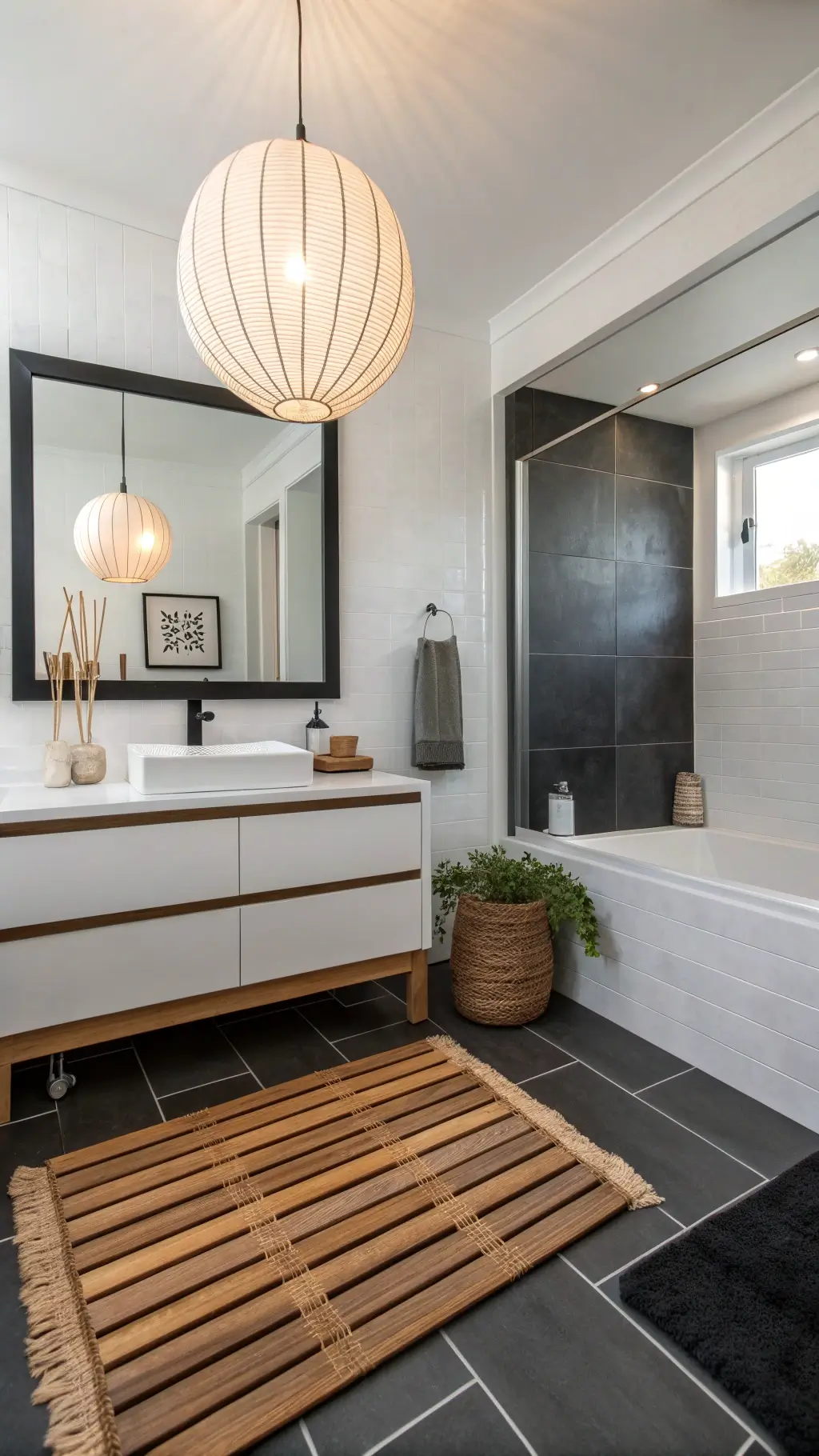 Small Bathroom Design: Transforming Tiny Spaces into Stylish Sanctuaries 8 Dawn view of serene Japanese Zen sanctuary bathroom with minimalist white walls, black slate accent wall, custom teak floor mat, floating vanity, frameless mirror, paper lantern pendant light, bamboo accessories, and warm artificial lighting.