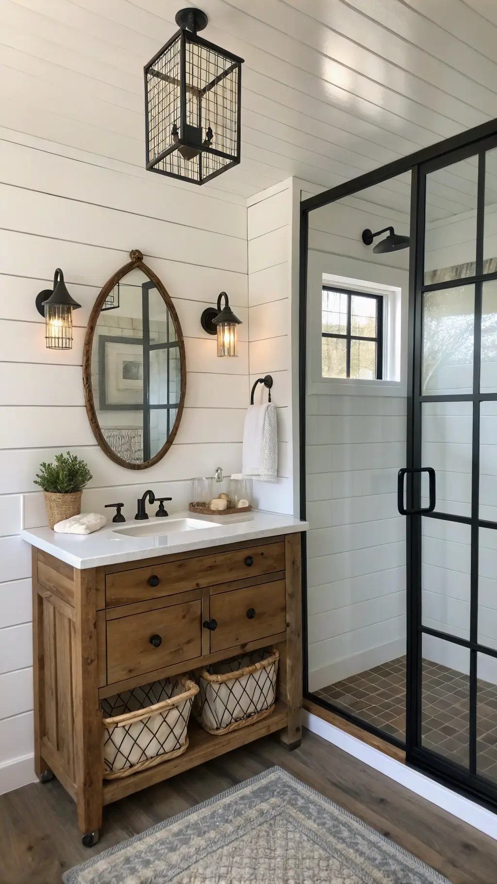 Small Bathroom Design: Transforming Tiny Spaces into Stylish Sanctuaries 9 White and black modern farmhouse bathroom with rustic wood vanity, quartz top, and antiqued brass mirror with vintage sconces, styled with wire baskets for storage and soft illuminating natural light