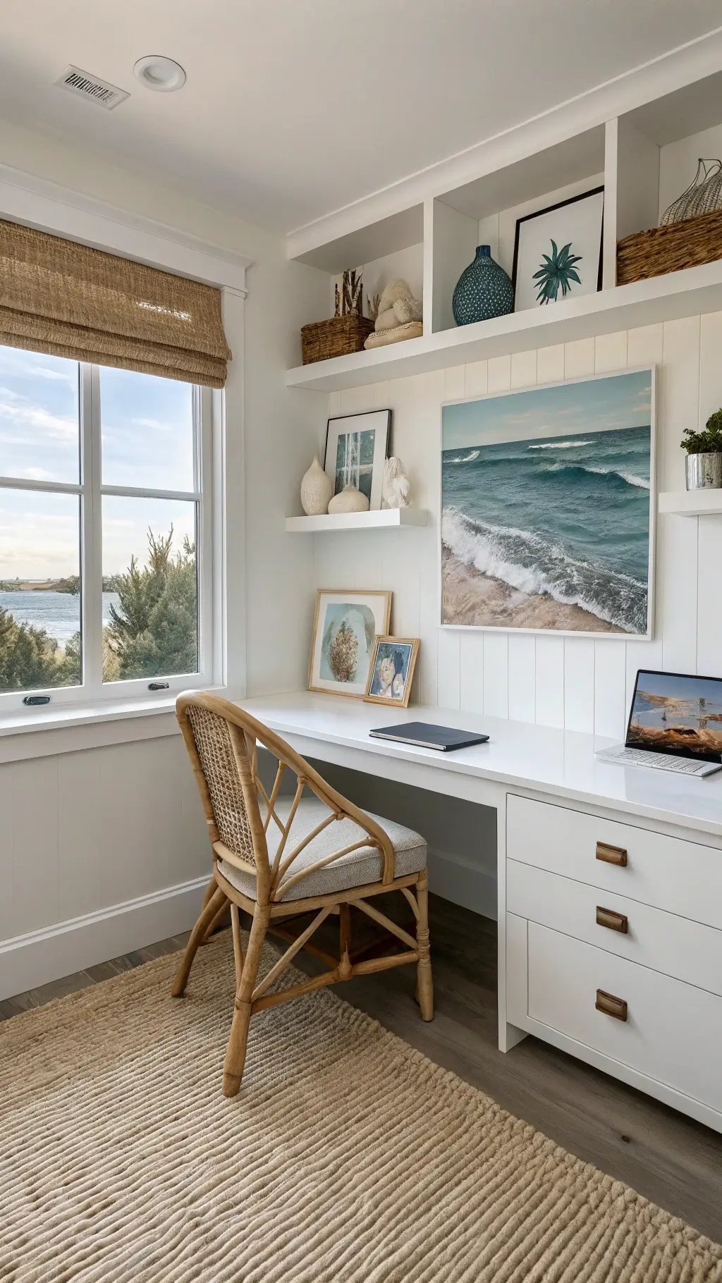 Coastal Interior Design: Transform Your Space into a Breezy Seaside Retreat 9 Coastal themed home office with white desk, rattan chair, floating shelves with seashell collection, jute rug, window seat and ocean-inspired art, bathed in natural and task lighting.