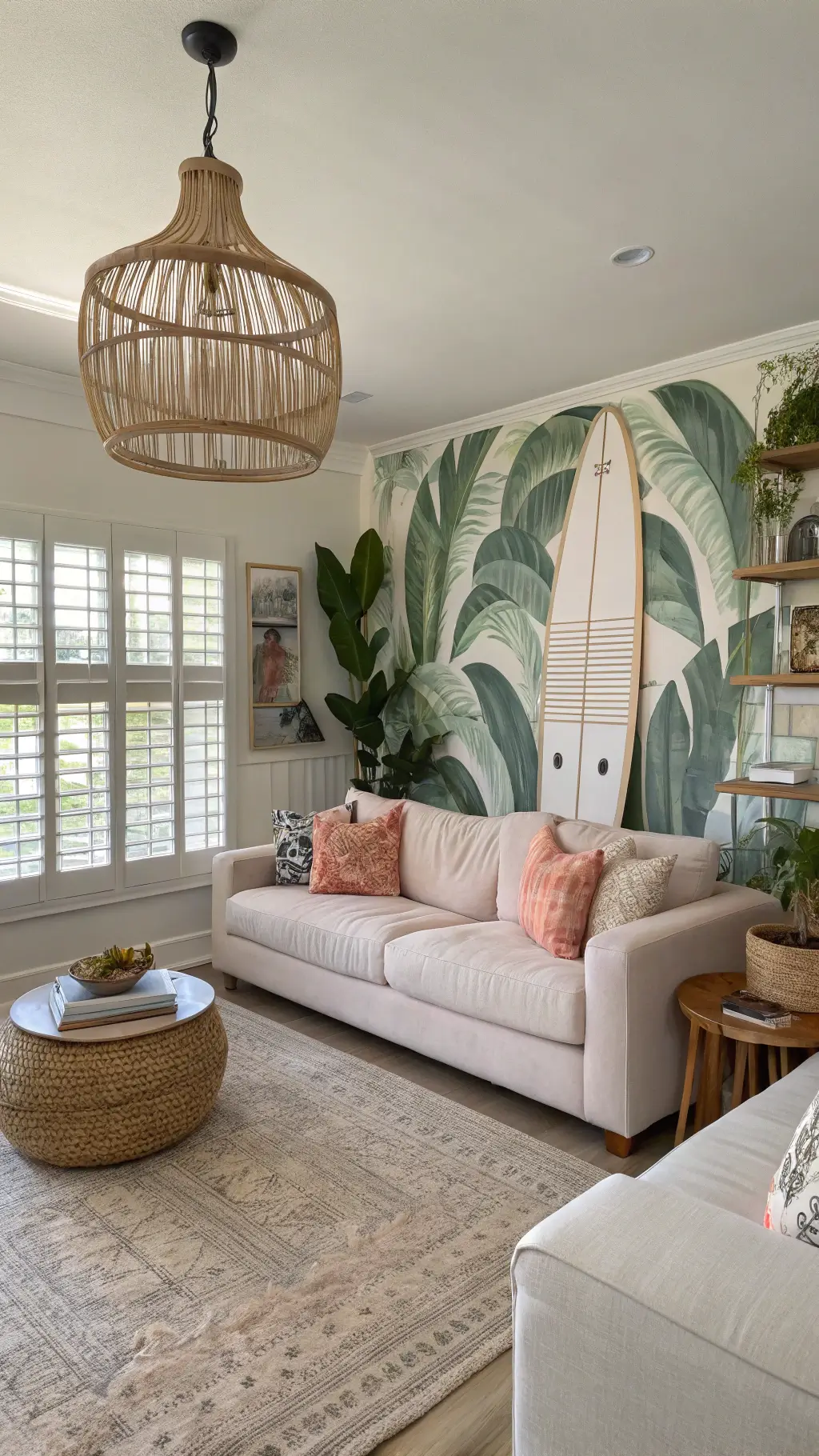 Coastal Maximalist Living Room: Create a Vibrant Beach-Inspired Space That Tells Your Story 6 Mid-day view of an open-concept living space with monstera leaf wallpaper, blush linen sectional, vintage surfboard art, rattan pendant lights, and brass étagère with ceramics and corals, lit by natural light and warm LED spots.
