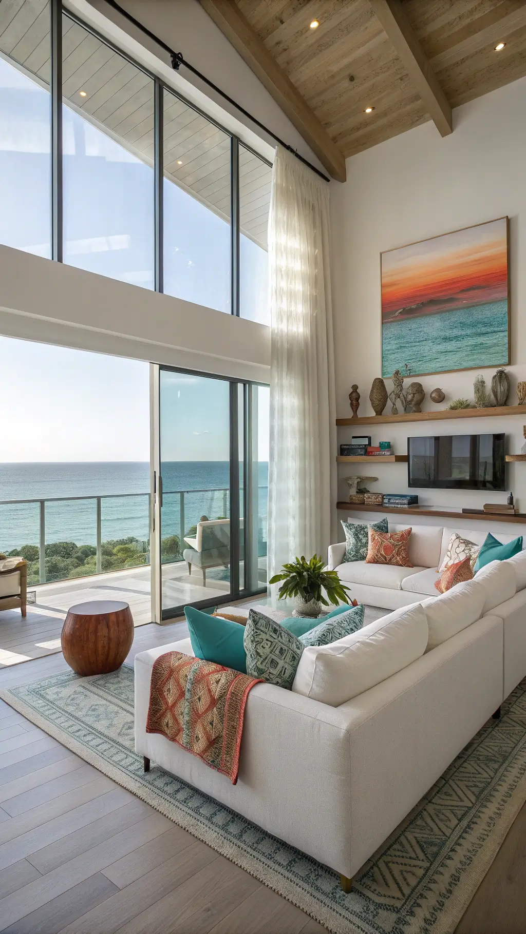 Coastal Maximalist Living Room: Create a Vibrant Beach-Inspired Space That Tells Your Story 9 Bright, spacious 20'x24' great room with a white linen sofa, colored pillows, abstract seascape art, driftwood pieces, and pottery on shelves, flooded with natural light from floor-to-ceiling windows with gradient ombré curtains overlooking the ocean.
