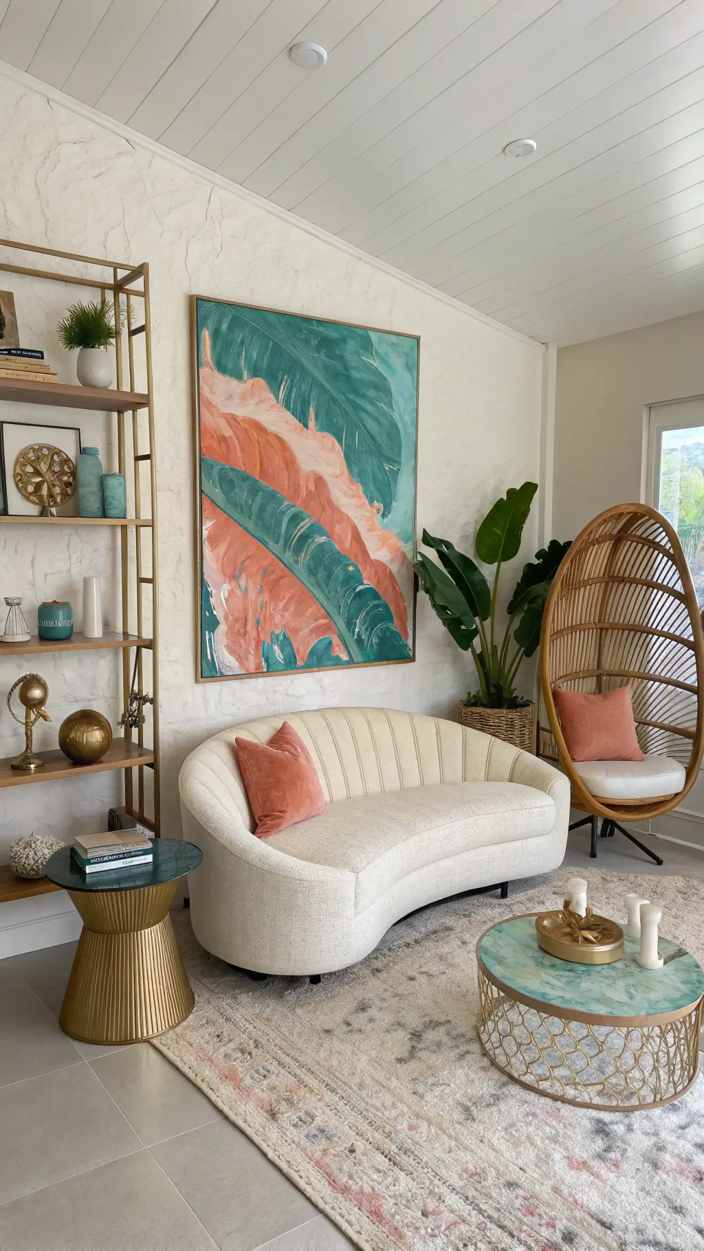 Coastal Maximalist Living Room: Create a Vibrant Beach-Inspired Space That Tells Your Story 11 A midday shot of a stylishly designed 18'x20' lounge featuring a cream bouclé sofa, a vintage rattan peacock chair, a brass side table, a ceramic lamp, floating acrylic shelves adorned with collected shells, and a fiddle leaf fig plant, all set against a large abstract turquoise and coral painting.