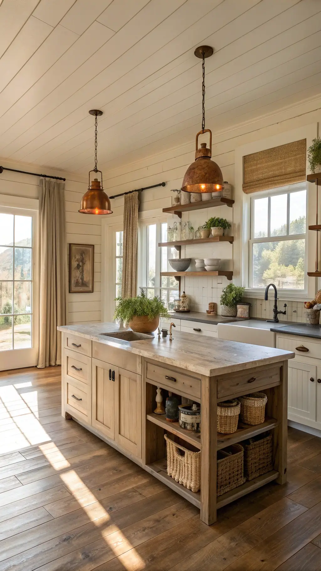 Golden hour illuminating a spacious farmhouse kitchen with oak floors, cream-colored shiplap walls, a wooden island with soapstone top, and vintage copper lighting. Artisanal ceramics adorn open shelves and potted herbs sit by the farmhouse sink overlooking a window with linen curtains.