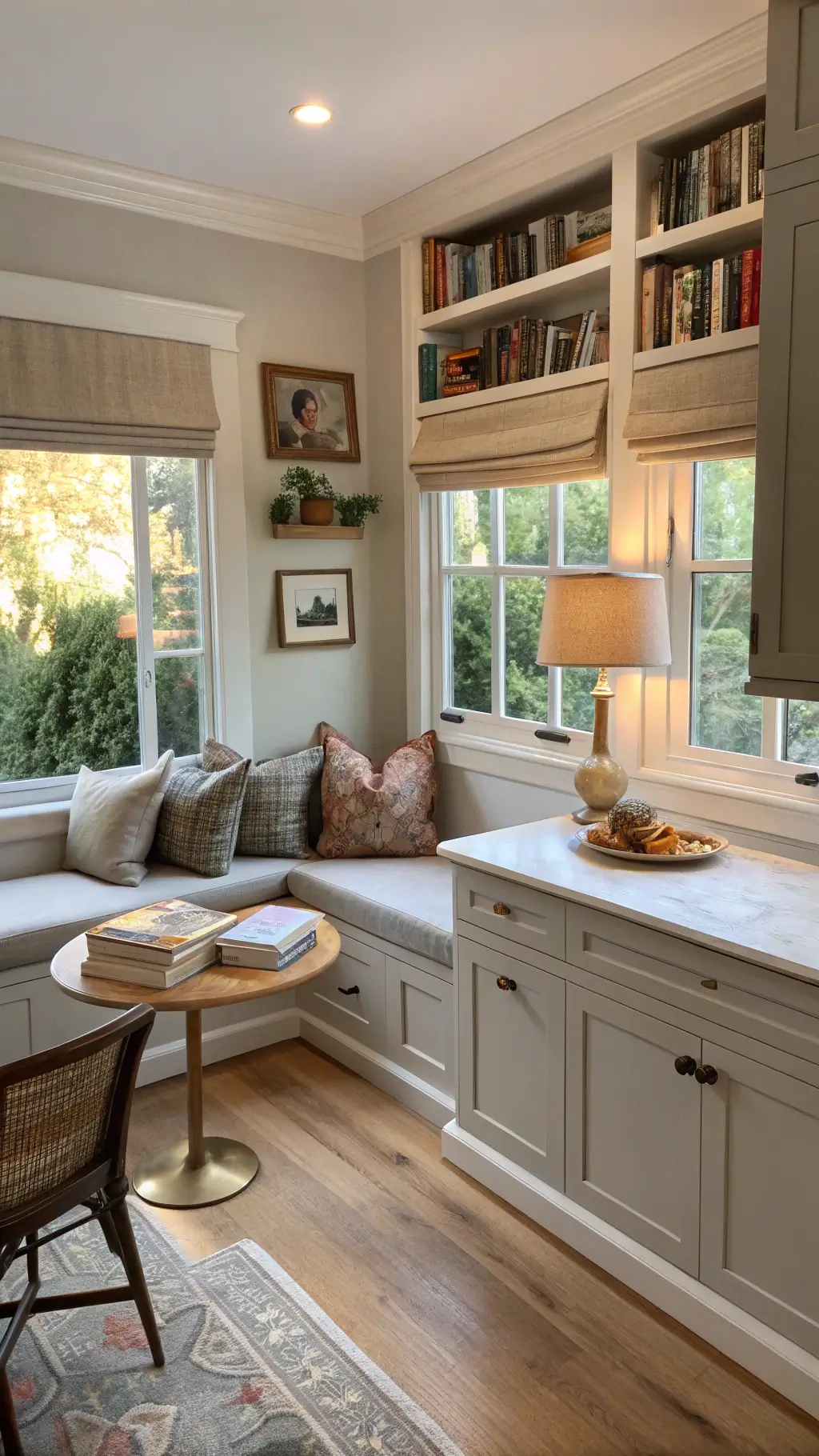 Cozy 10x12ft kitchen corner with floor-to-ceiling cabinets, window seat with cushions, floating shelves with cookbooks and family photos, a small round oak table with a vintage lamp, bathed in golden light from windows with roman shades at magic hour.