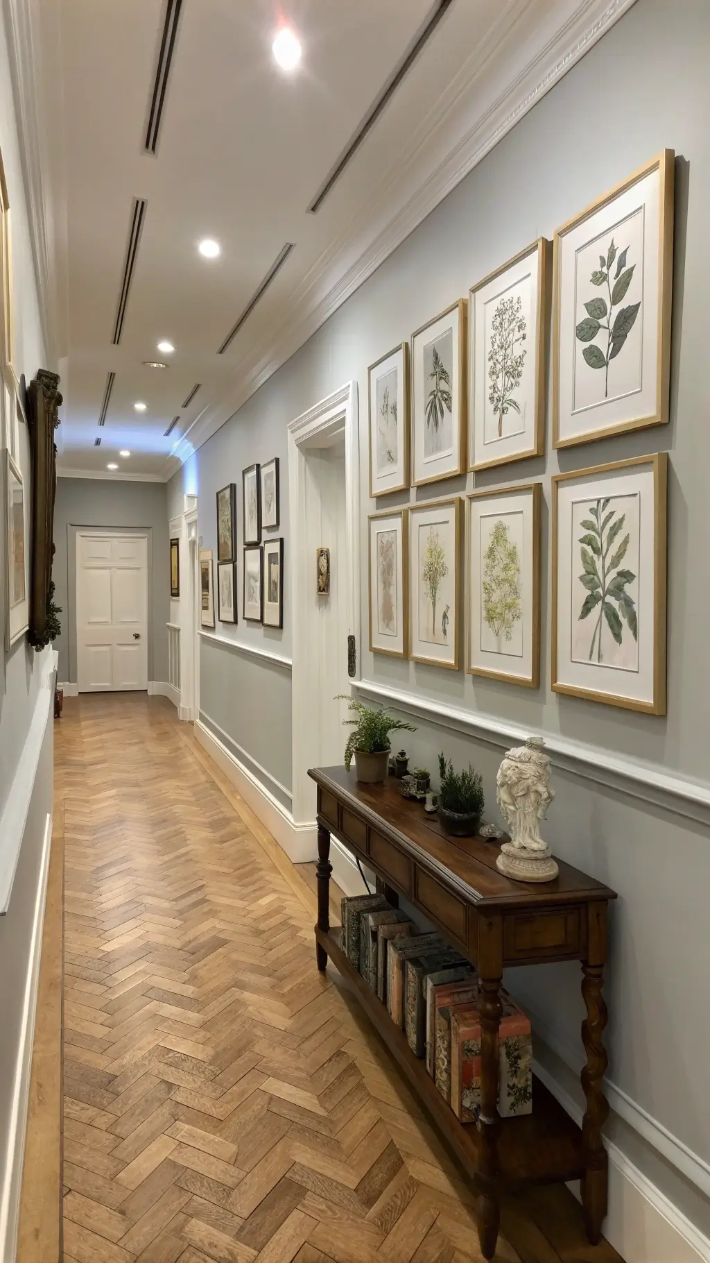 Botanical prints in brass frames on soft grey wall dividing chair rail, antique console styled with art books and sculpture on herringbone wooden floor, in a 20ft bright hallway transformed into a sophisticated gallery space with professional museum-style track lighting.