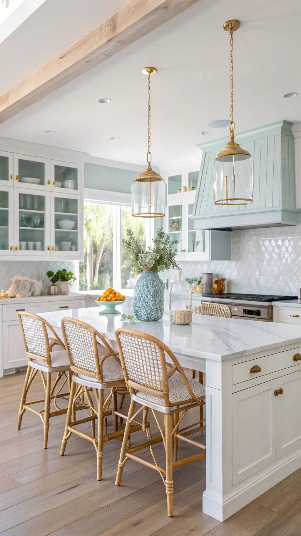 Elevated shot of an open-concept coastal kitchen-dining space with white shaker cabinets, brass hardware, pale blue backsplash tiles, a bleached wood dining table with rattan chairs, oversized glass pendant lights over a marble island, and white ceramics on open shelves with herbs in terracotta pots, all in soft morning light.