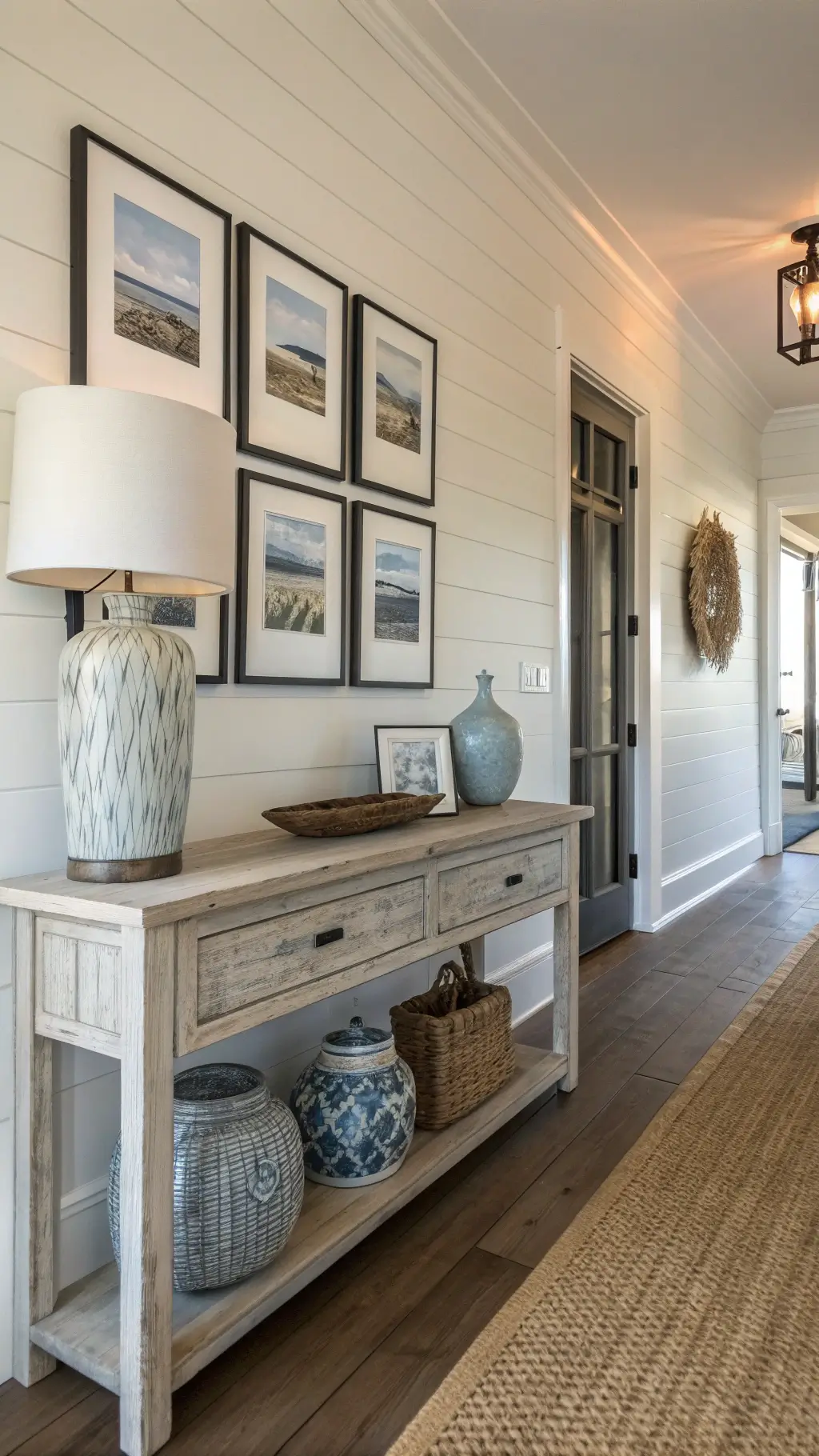 Coastal Decor: Transform Your Home into a Serene Beach Retreat 8 Vintage styled entryway with white shiplap walls, gray console table with large glass lamp, gallery wall with black and white beach photos, and jute runner leading to living area. Blue and white ginger jars add coastal feel.