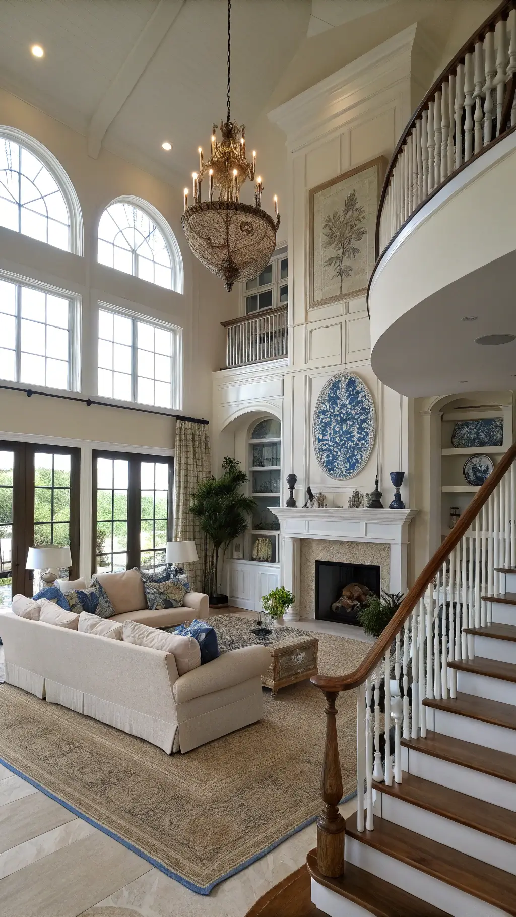 Coastal Decor: Transform Your Home into a Serene Beach Retreat 12 Elegant 18x22ft great room featuring two-story windows, curved staircase, slip-covered sofas on seagrass rug, limestone fireplace with a huge driftwood mirror, blue and white chinoiserie on built-ins and a Capiz shell chandelier, shot from upper level.