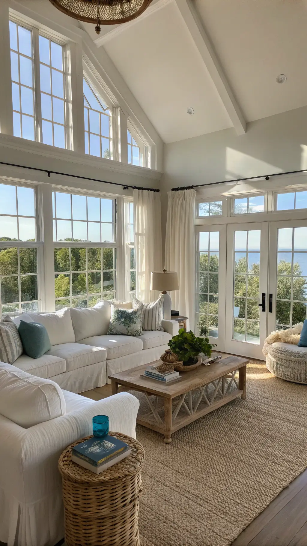 Coastal Decor: Transform Your Space into a Serene Seaside Sanctuary 3 Sun-drenched living room with high ceilings, bay windows, white slipcovered sectional, driftwood coffee table, rattan chairs, jute and wool rugs, and shelves with blue-green glass vessels.