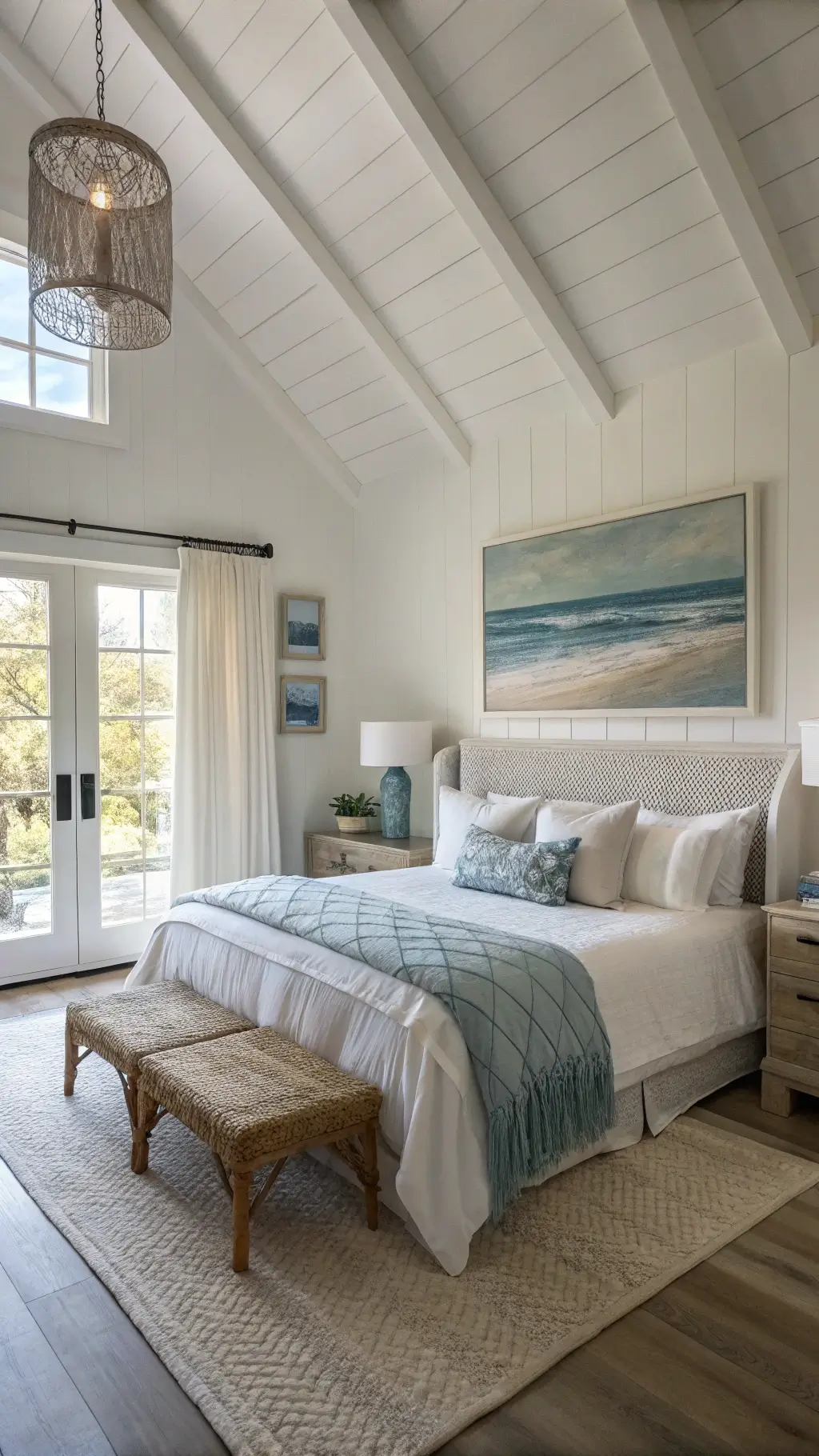 Coastal Decor: Transform Your Space into a Serene Seaside Sanctuary 4 Corner primary bedroom with cathedral ceiling, early morning light through sheer drapes, king bed with sea glass colored throws, abstract seascape painting, bleached wood nightstands with ceramic lamps, and woven bench, in soft, diffused lighting.