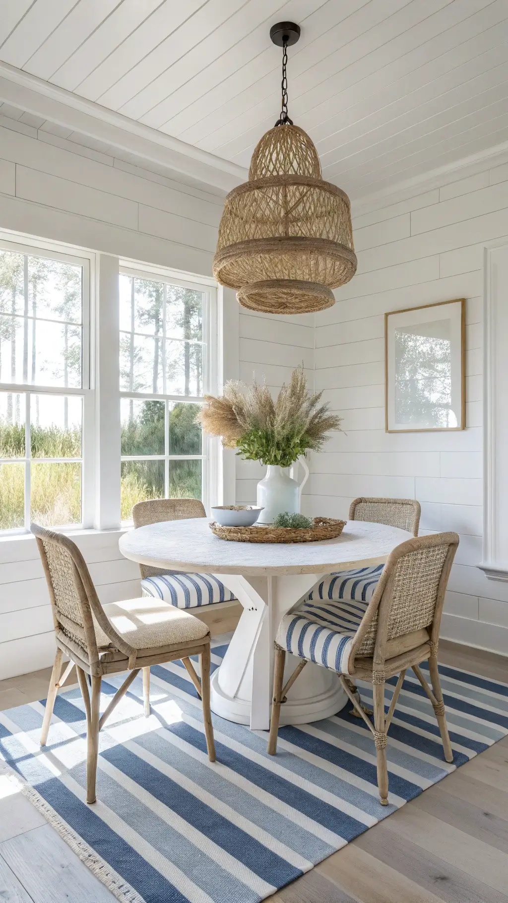 Coastal Decor: Transform Your Space into a Serene Seaside Sanctuary 5 Bright, coastal kitchen nook with white shiplap walls, round oak table, rattan-backed chairs, oversized woven pendant light, and a ceramic vase with dried pampas grass on blue and white striped runner, showcasing morning light creating geometric shadows through windowpane grid.