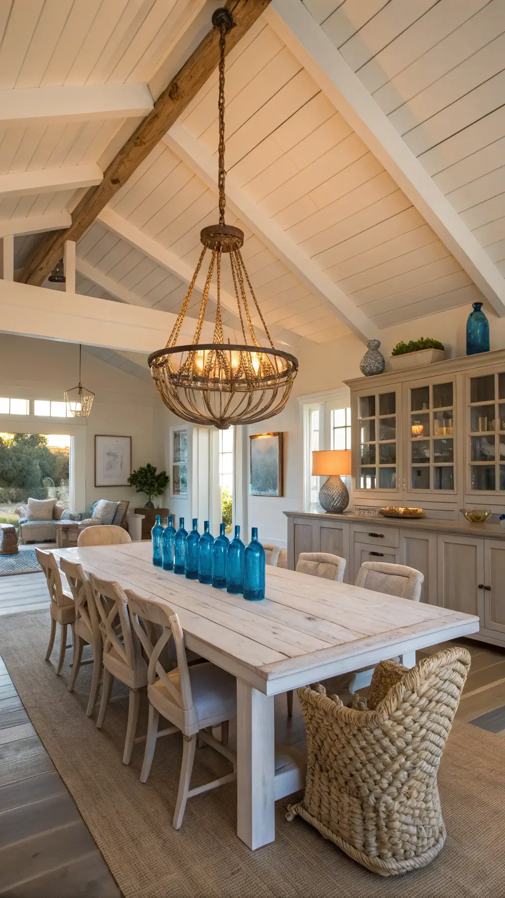 Coastal Decor: Transform Your Space into a Serene Seaside Sanctuary 6 Casual elegant open concept dining space with golden hour lighting, exposed white ceiling beams, whitewashed teak table seating eight with natural linen chairs, rope chandelier overhead, and buffet styled with blue glass bottles and driftwood.