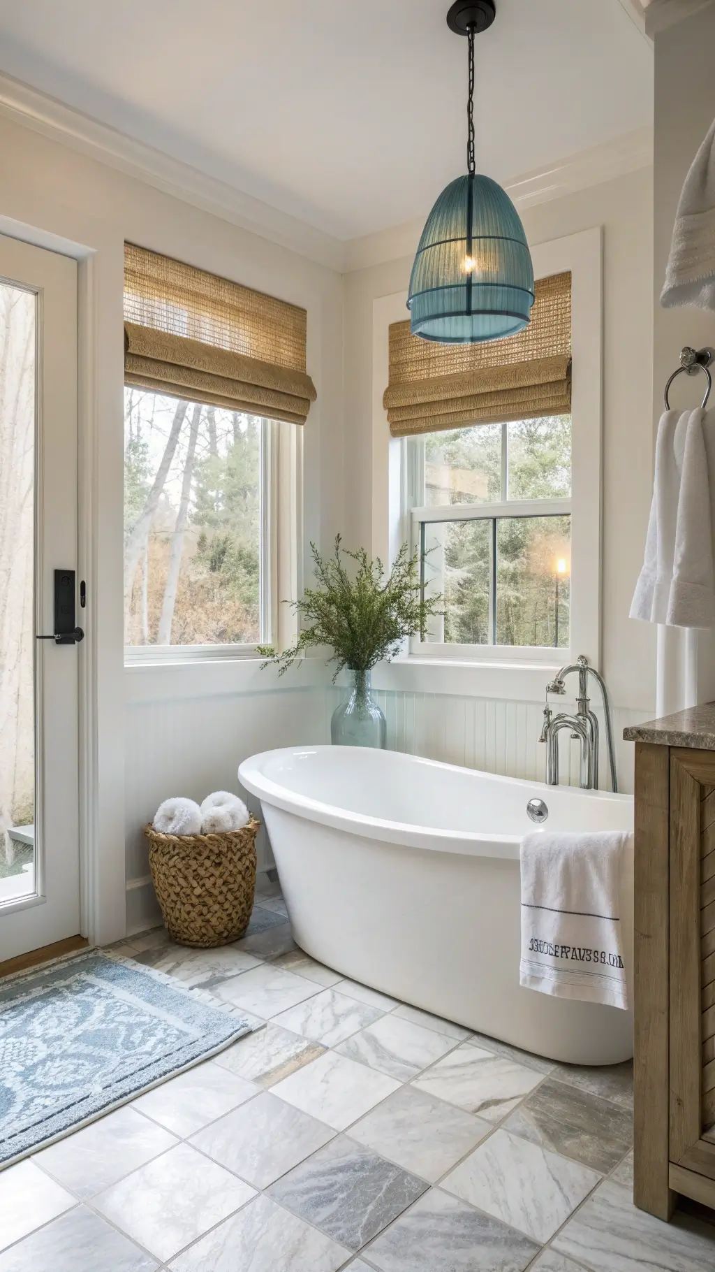 Coastal Decor: Transform Your Space into a Serene Seaside Sanctuary 7 Serene bathroom retreat featuring marble tile floor, freestanding white tub under a frosted window, sea grass basket with white towels, blue glass pendant light, and bleached wood vanity.