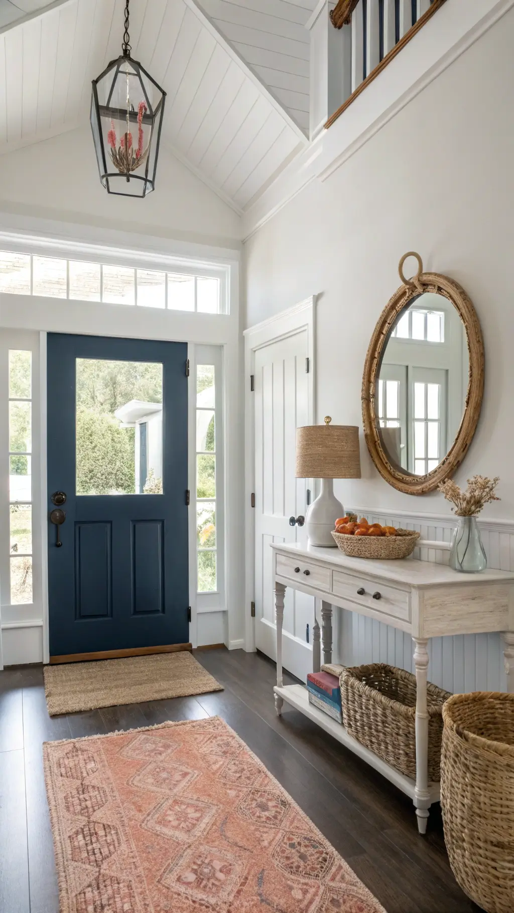 Coastal Decor: Transform Your Space into a Serene Seaside Sanctuary 8 Fresh coastal foyer with raised ceiling, blue front door framed by sidelights, vintage console with coral detail, oversized round mirror and sisal runner
