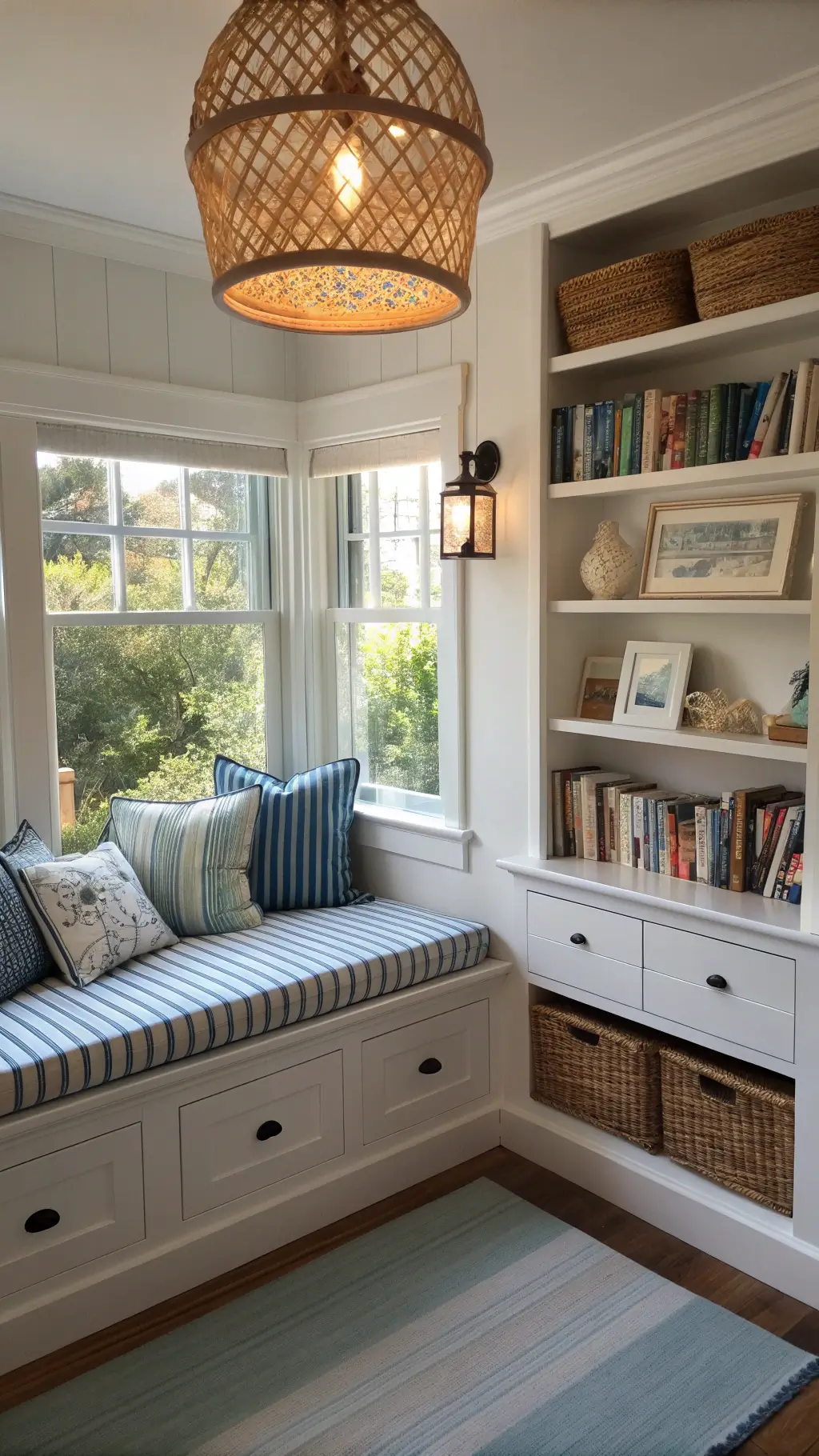 Coastal Decor: Transform Your Space into a Serene Seaside Sanctuary 9 Cozy reading nook in corner space featuring window seat, built-in storage bench with blue striped cushions, rattan pendant light, floating shelves with books and shell specimens, with late afternoon light enhancing the intimate atmosphere