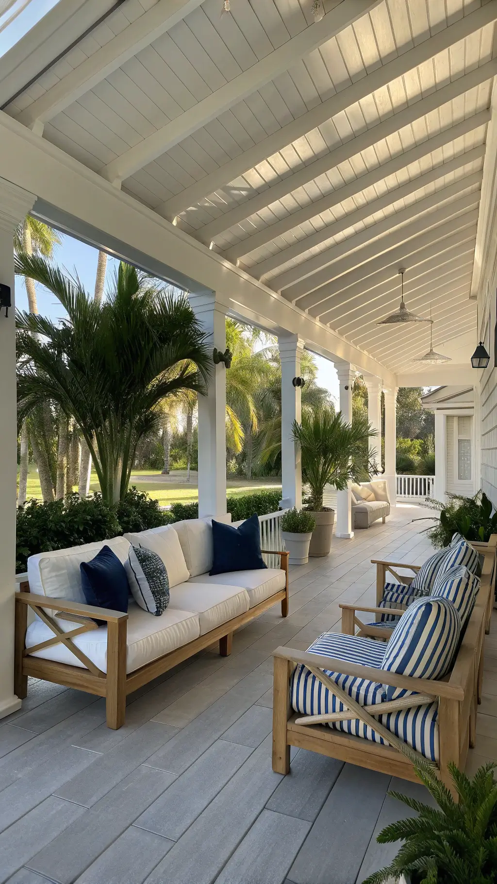 Coastal Decor: Transform Your Space into a Serene Seaside Sanctuary 10 Resort-style outdoor covered porch featuring white slipcovered sofa, weathered teak chairs accessorized with navy and white striped pillows, and potted palms under a pergola illuminated by dappled morning light, seen from an indoor doorway.