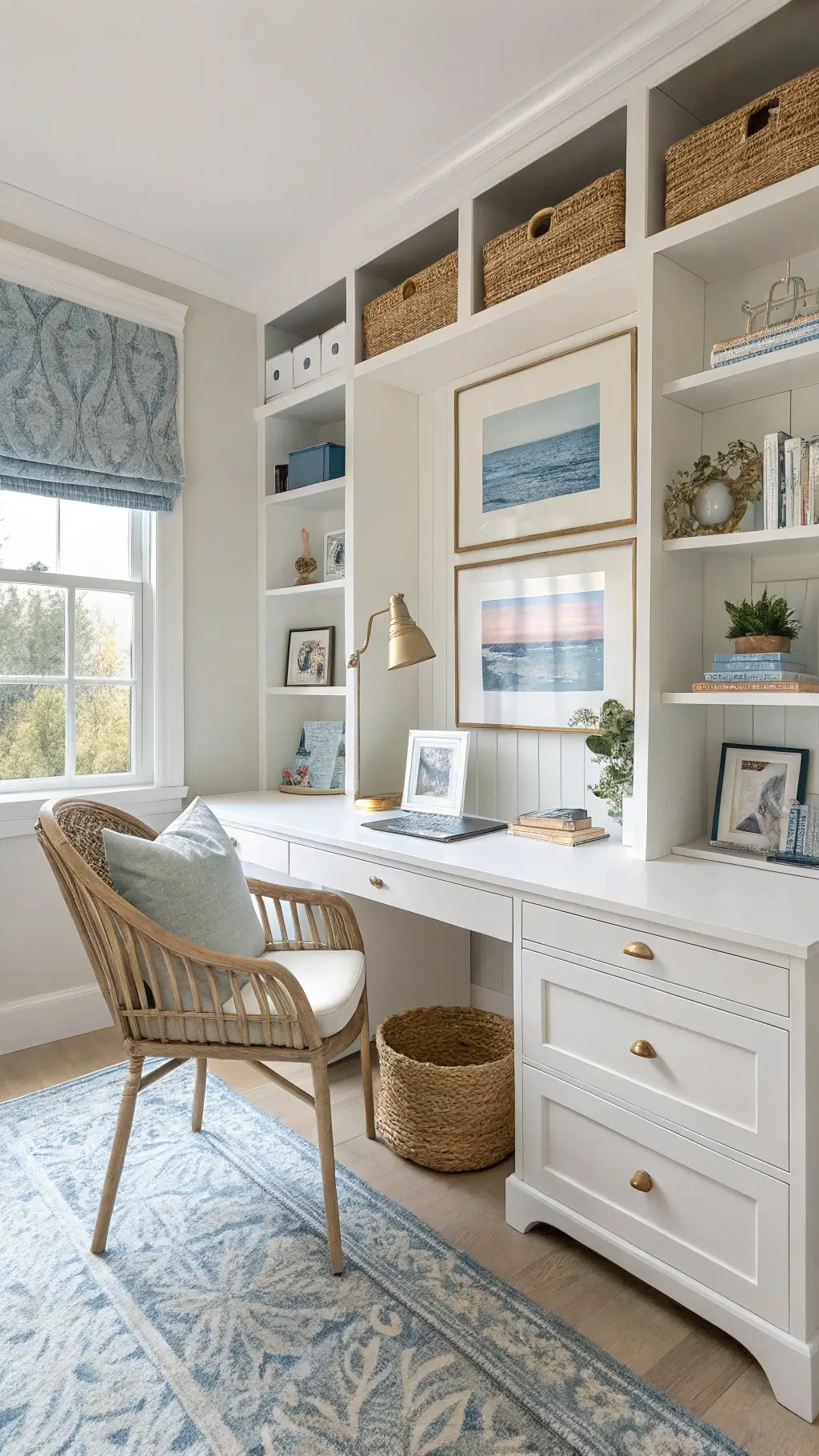 Coastal Decor: Transform Your Space into a Serene Seaside Sanctuary 11 Organized and stylish home office with floor to ceiling built-ins, lacquered desk and rattan chair, decorated with coastal art and woven baskets in a soft light atmosphere.