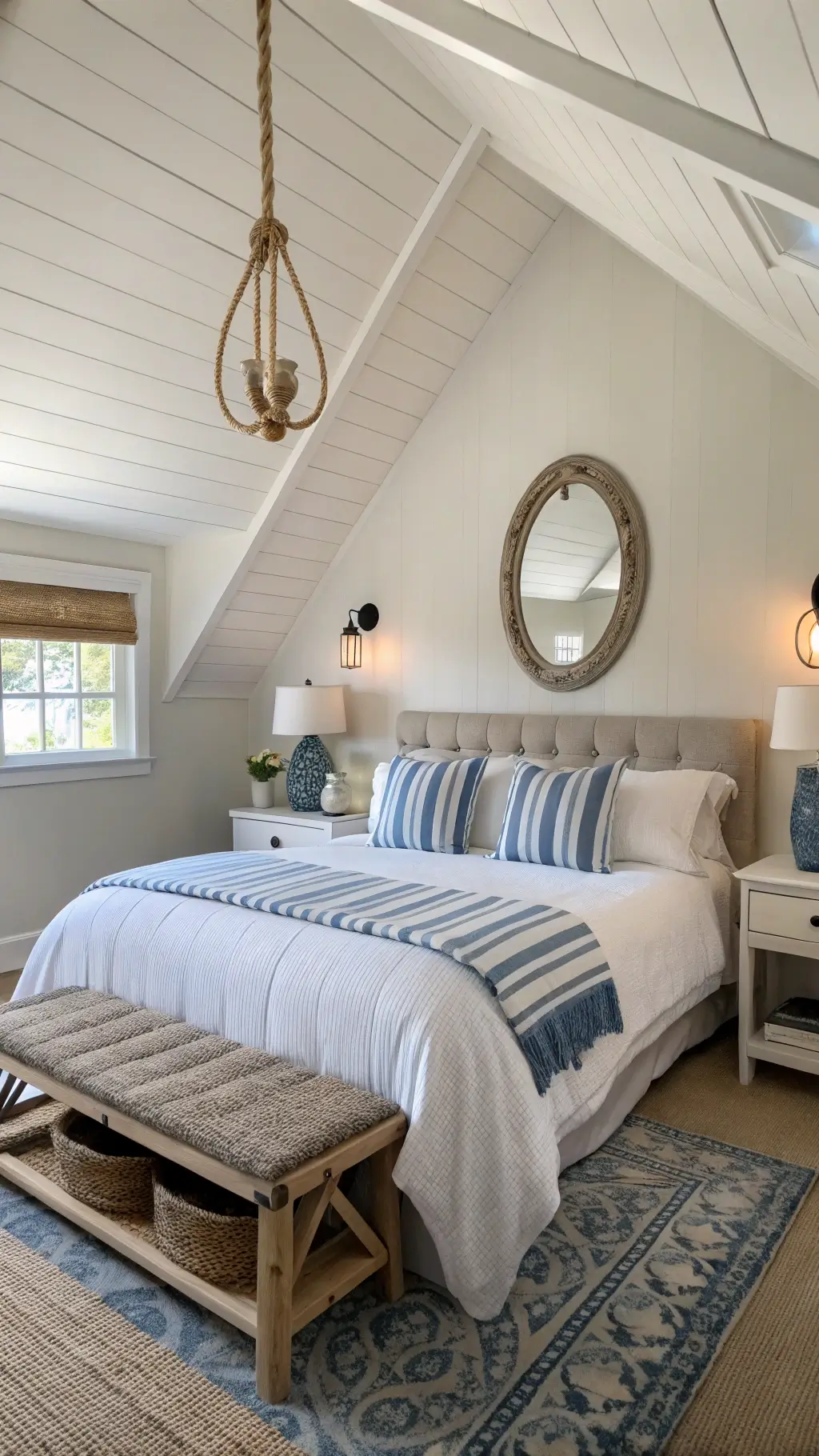 Coastal Decor: Transform Your Space into a Serene Seaside Sanctuary 12 Guest bedroom with vaulted ceiling bathed in dawn light, featuring a queen bed with white quilt and blue striped shams, a driftwood bench, rope wrapped mirror, nightstands with ceramic lamps, and gathered shells in a glass hurricane