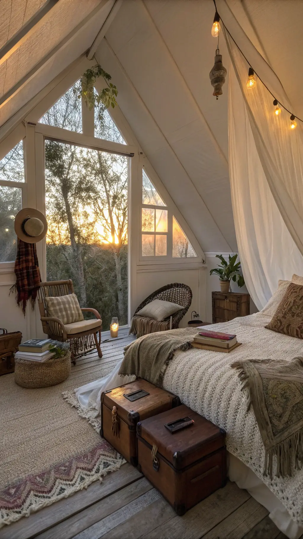 Coastal Boho Decoration: Bringing Beach Vibes and Bohemian Soul into Your Home 12 Boho styled 14x16ft guest suite with vaulted ceilings, platform bed dressed with linen and vintage textiles, hanging rattan chair serving as a reading nook, and shell wind chimes casting a warm, sunset glow through sheer drapes. Room adorned with vintage suitcases and other collected treasures.