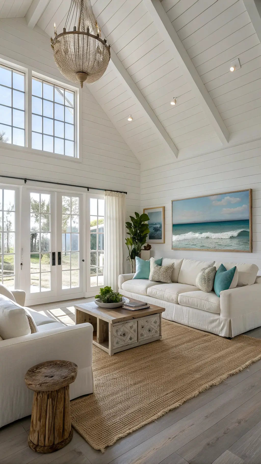 Sunlit living room with white shiplap walls, whitewashed oak floors, a white linen sectional with seafoam and beige pillows, rattan chairs, and ocean-inspired artwork, showcasing an ethereal and serene mood.
