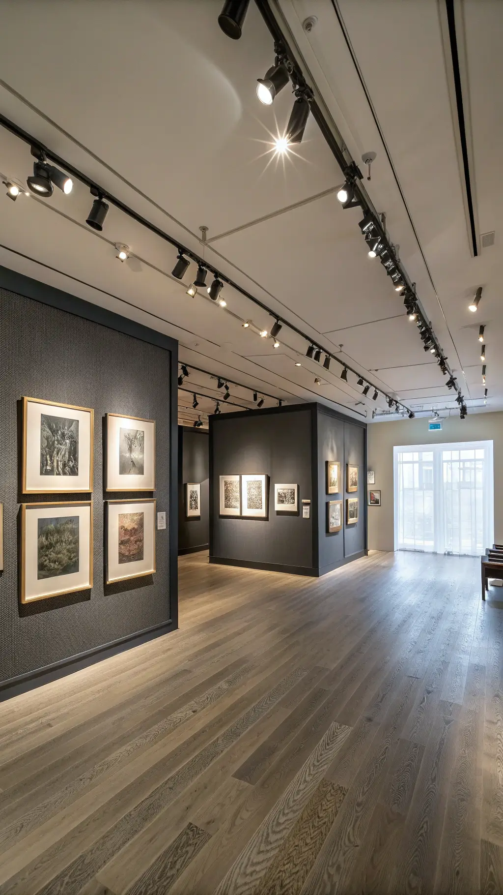 Sophisticated private art gallery with museum-grade lighting system, charcoal grasscloth wallcovering, wide-plank bleached oak floors, minimal furniture and professional hanging system for art.