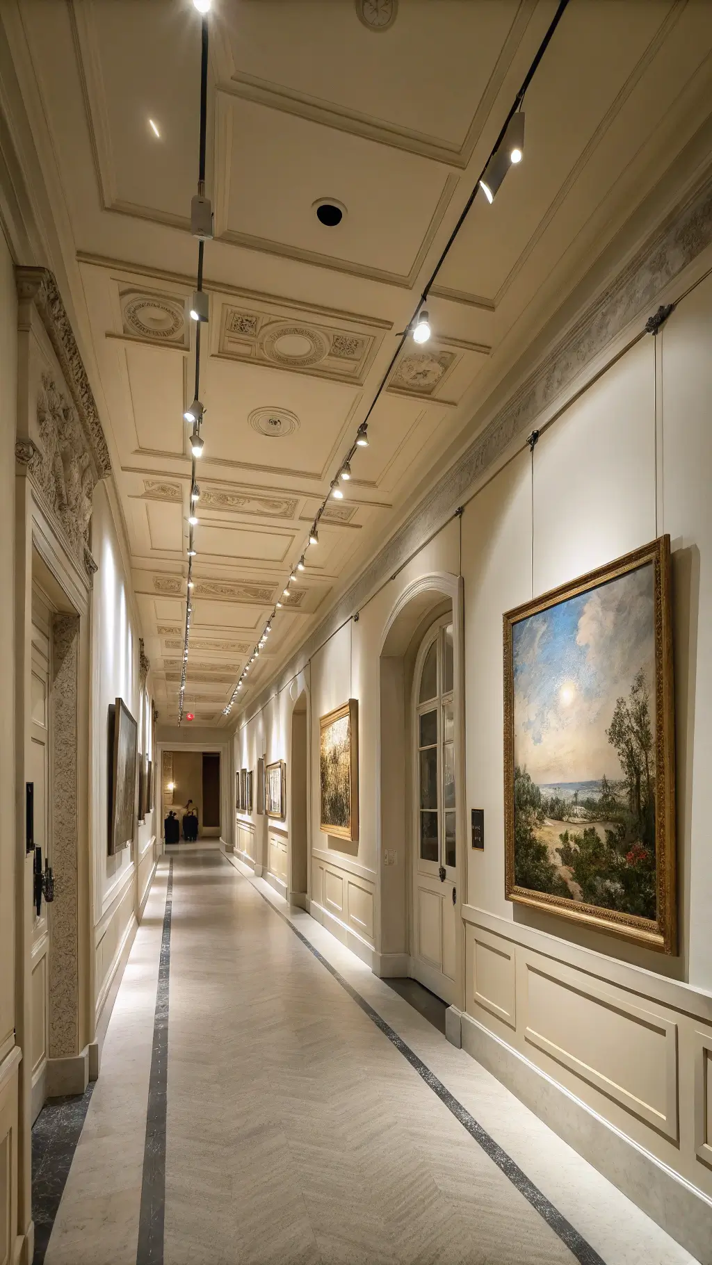 Long residential museum corridor with illuminated contemporary paintings, ivory silk wallcovering, and limestone flooring during evening hours showcasing lighting design.