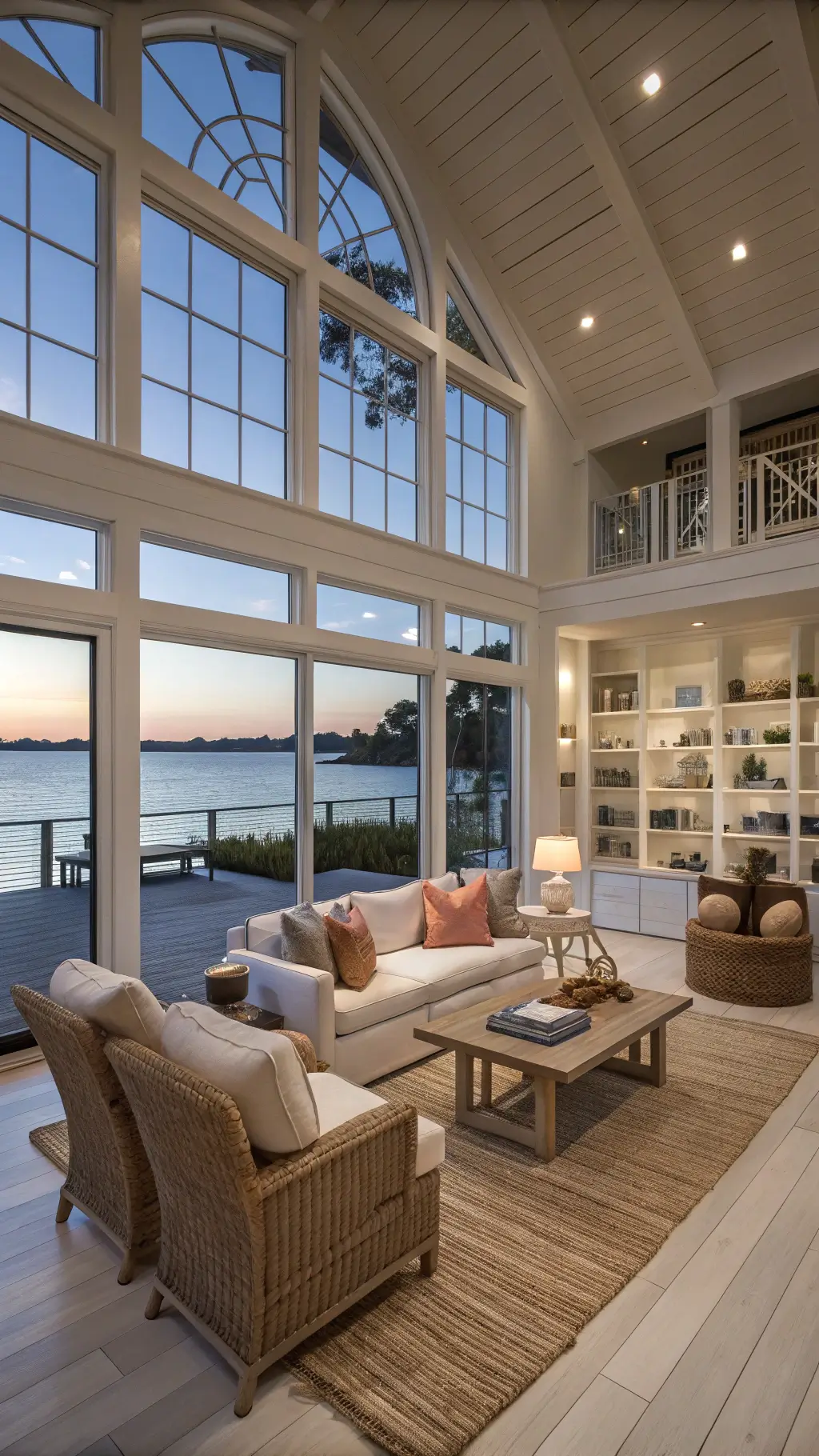 Expansive coastal great room at twilight with large windows overlooking the water, featuring a sectional sofa with coastal pillows, woven chairs, a driftwood coffee table, coral and shell collections on built-ins, on a sisal rug over whitewashed oak floors.