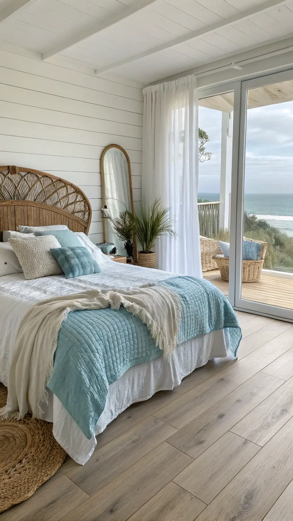Coastal Bed Decor: Create Your Dreamy Beach Retreat at Home 3 Serene coastal bedroom with morning light, whitewashed oak floors, rattan bed with white linen and blue coverlet, textured pillows, and driftwood mirror.