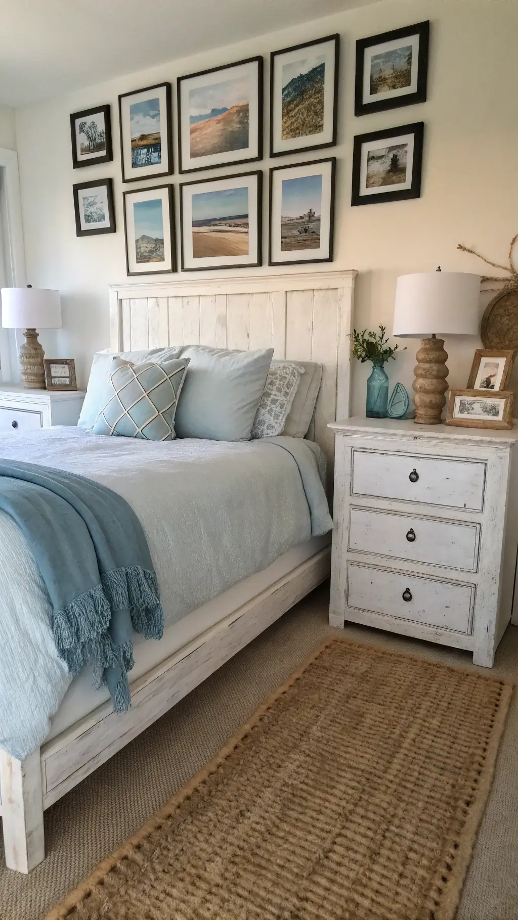 Coastal Bed Decor: Create Your Dreamy Beach Retreat at Home 4 Cozy coastal bedroom corner featuring a distressed wooden bed with white linen sheets and blue cotton duvet, illuminated by warm golden hour light, with vintage glass bottles on a wooden nightstand and a gallery of black and white beach photographs against the wall.