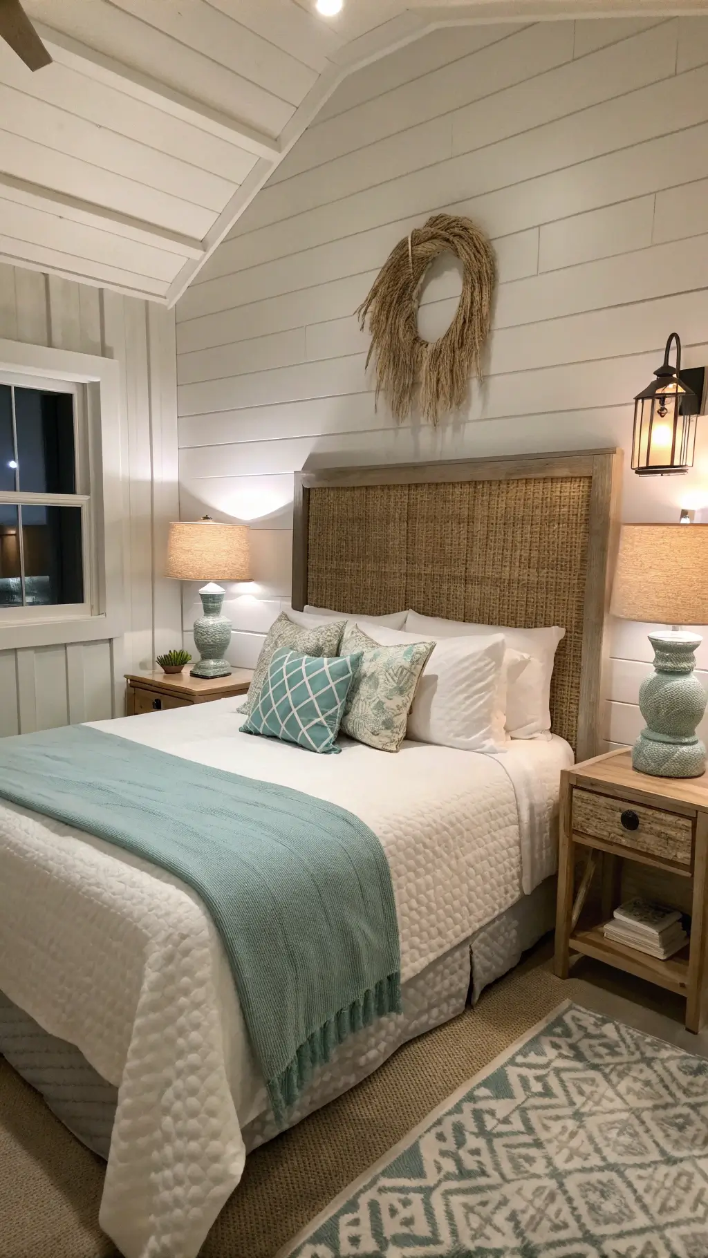 Coastal Bed Decor: Create Your Dreamy Beach Retreat at Home 6 Cozy 10x12ft guest bedroom at dusk featuring a white shiplap accent wall, woven seagrass headboard, white linen sheets and pale aqua cotton coverlet. Rope-wrapped table lamp and accent pillows showcasing textures are also captured in a 45-degree angle shot with moody ambient lighting.