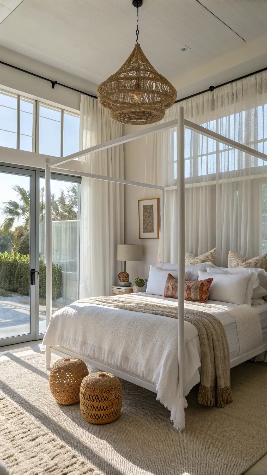 Coastal Bed Decor: Create Your Dreamy Beach Retreat at Home 7 Airy, light-filled 15x15ft bedroom with tall windows, crisp white canopy bed, textural bedding, elegant rattan pendant light, and floating shelves displaying organic coral sculptures