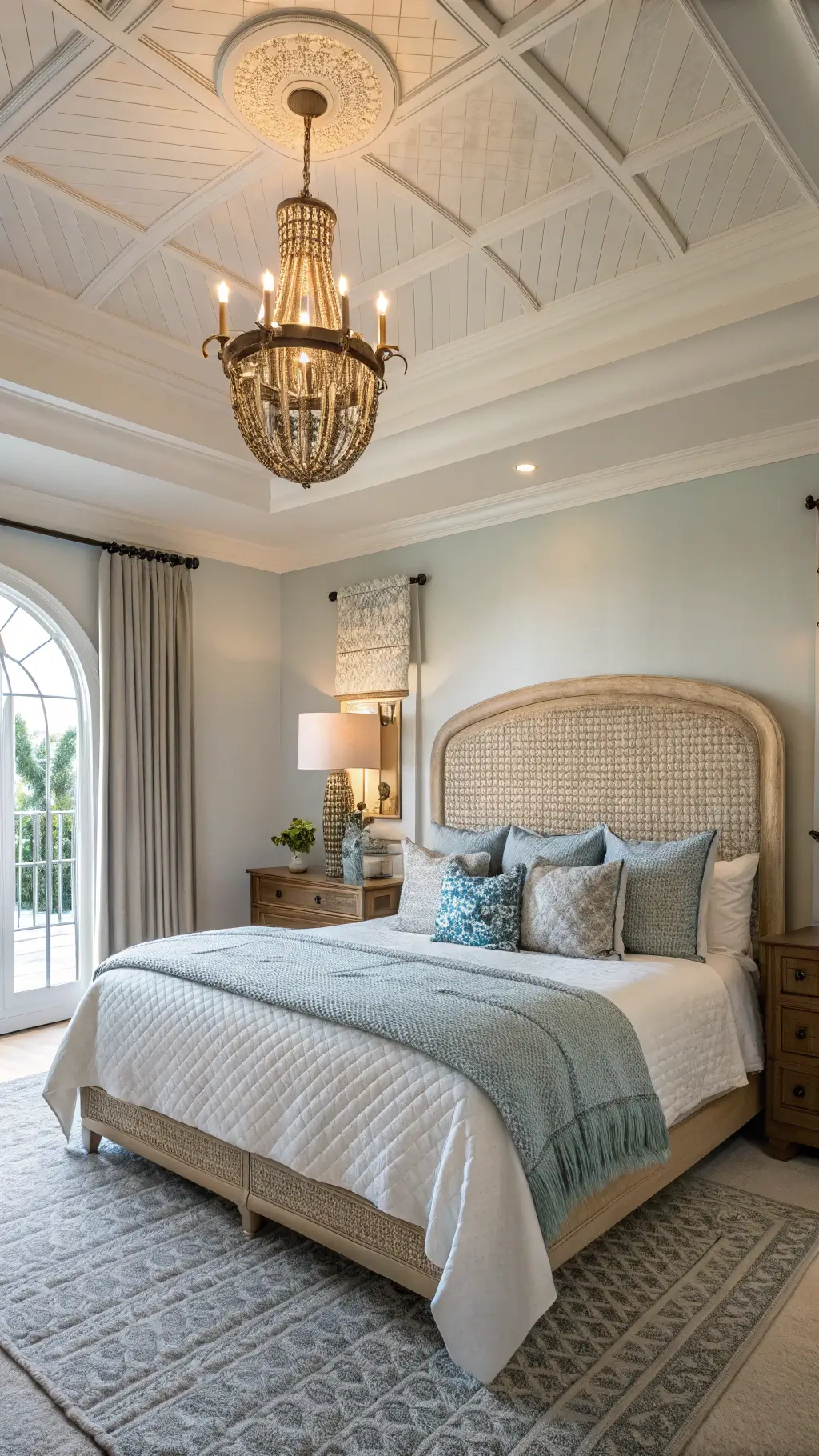 Coastal Bed Decor: Create Your Dreamy Beach Retreat at Home 9 Elegant master suite with king-size bed, rattan headboard, and varying blue tone pillows under a Capiz shell chandelier, bathed in golden hour lighting.