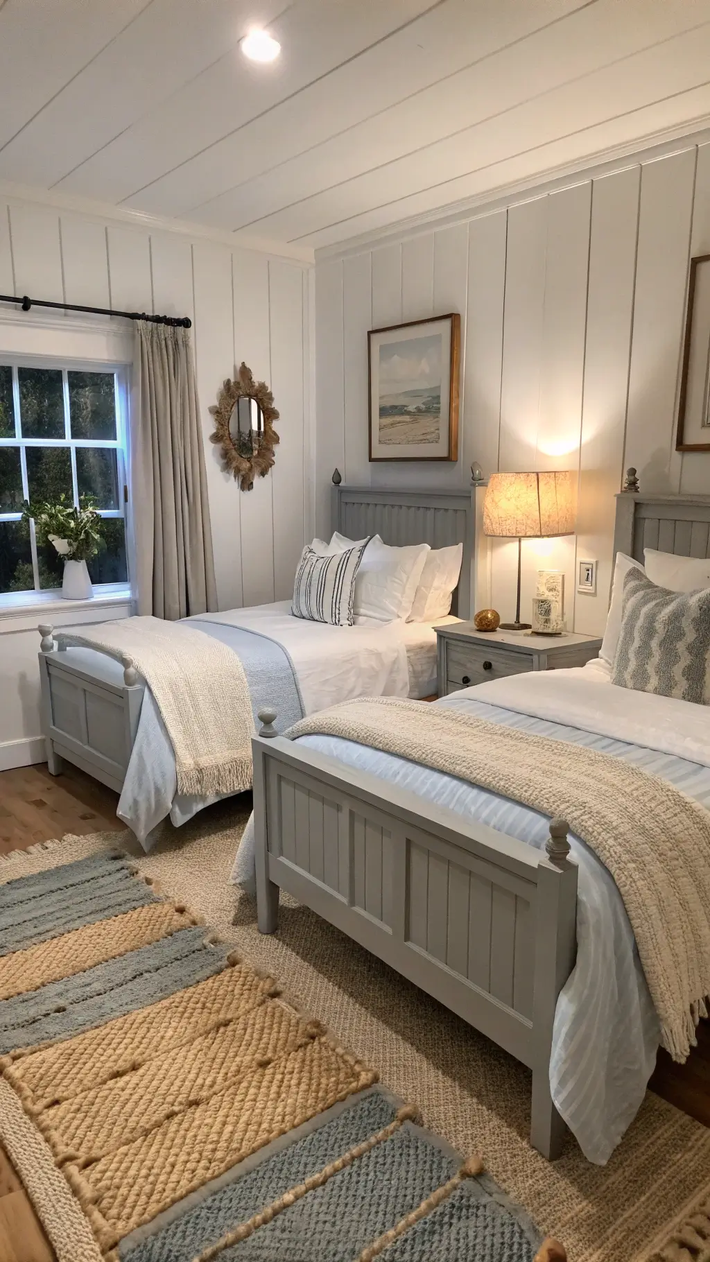 Coastal Bed Decor: Create Your Dreamy Beach Retreat at Home 10 Charming twin bedroom with white and grey decor at twilight, featuring vintage glass float nightstand decoration and a braided jute rug