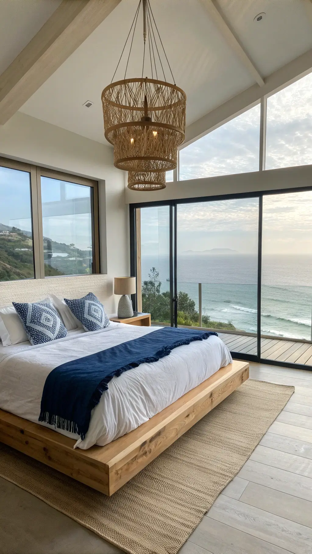 Coastal Bed Decor: Create Your Dreamy Beach Retreat at Home 11 Luxurious 16x17ft bedroom with floor-to-ceiling windows showcasing ocean view, featuring a bleached teak platform bed with white hotel-style bedding and deep indigo linen duvet, raffia textured oversized euros and blue scatter cushions, and a suspended rope chandelier in morning light.