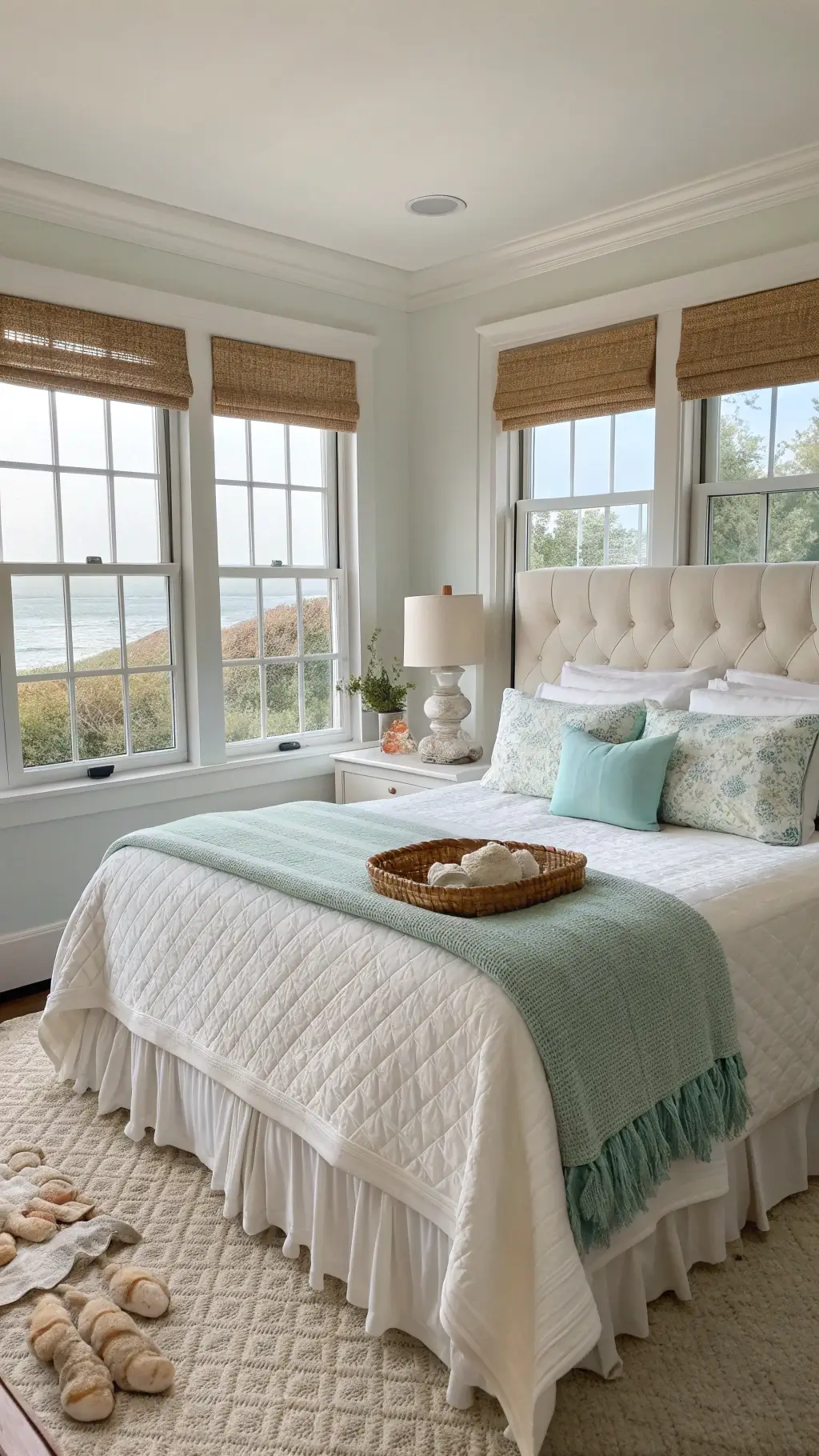 Coastal Bed Decor: Create Your Dreamy Beach Retreat at Home 12 Midday view of a serene 12x14ft bedroom, featuring a queen bed with warm white cotton slipcover, layered bedding in soft aquas, and pillows in shell hues. Bedside tables adorned with shells and coral specimens, under filtered light from panoramic windows with Roman shades.