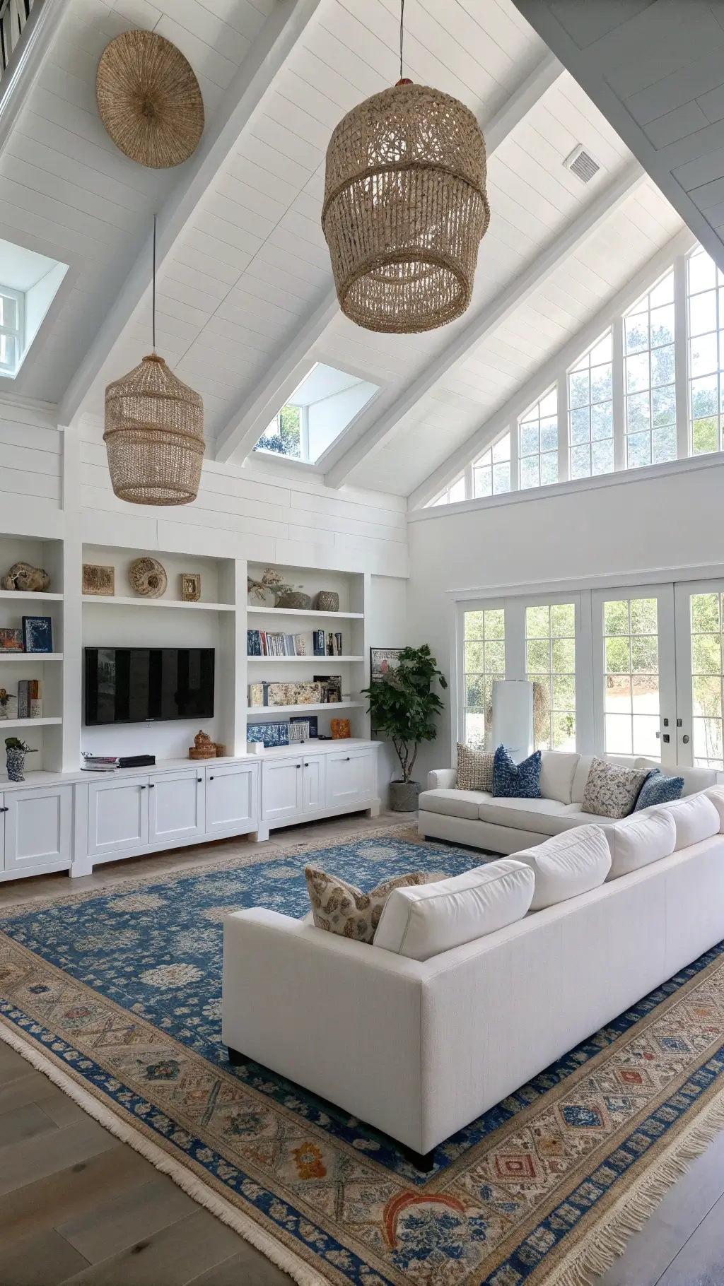 Spacious 22x26ft great room with high vaulted ceilings, clerestory windows, and contemporary white sectional, complemented with a vintage Turkish rug and a collection of white ceramics and coral specimens on floating shelves, lit by natural light reflected off mirrors and woven pendant lights.