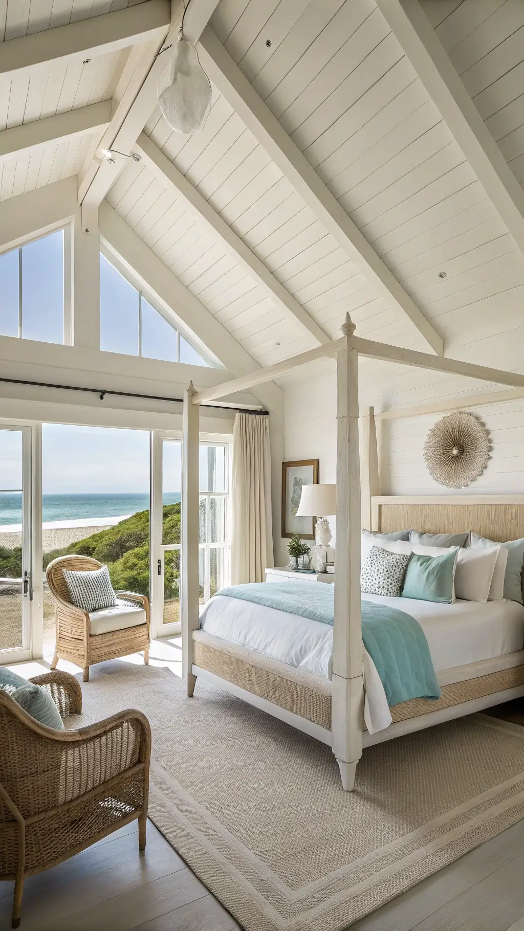 Bright, sunlit 16x18ft coastal primary bedroom with white vaulted ceilings and exposed beams, featuring a contemporary four-poster bleached oak bed with white and aqua bedding, a large white-washed mirror, and a seating area with curved rattan chairs.