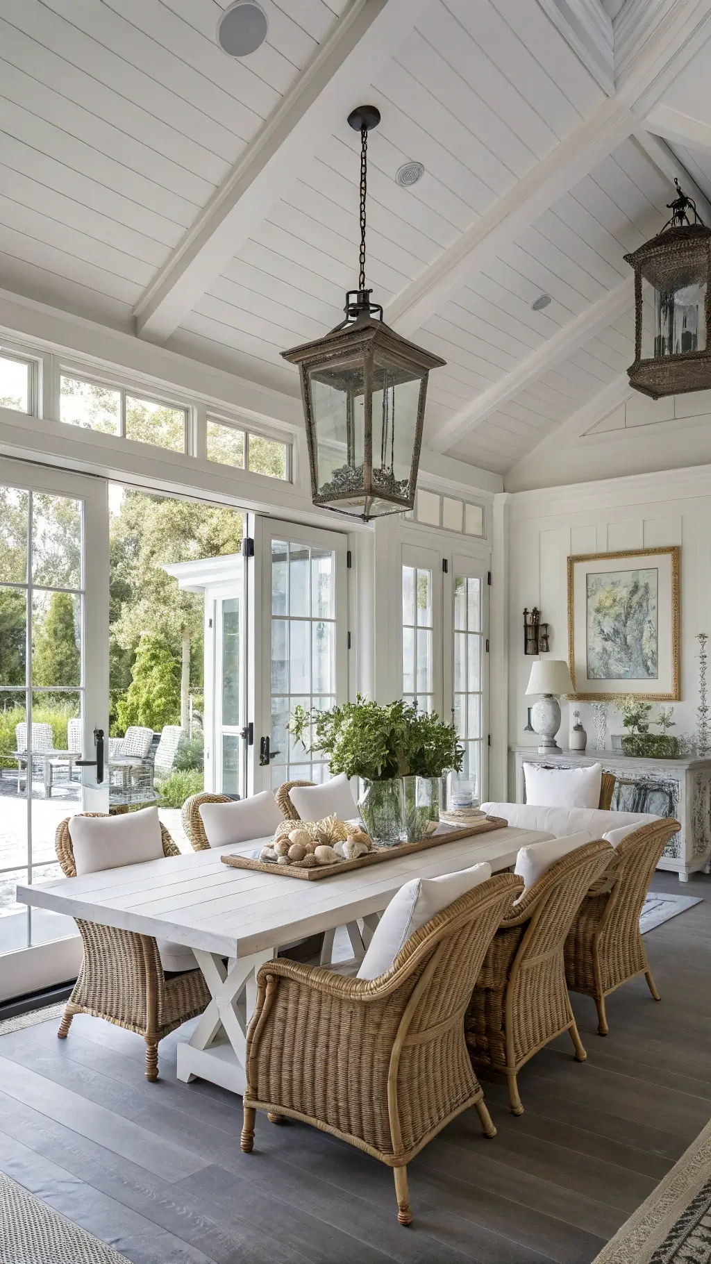 Bright and spacious 15x18ft dining room with coffered ceiling, mid-morning light flooding through French doors, white trestle table surrounded by rattan chairs seating eight, with oversized glass lanterns and vintage ship paintings decorating the room.